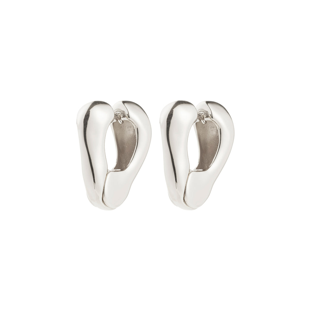 FREE earrings silver-plated: Chunky, polished-silver huggie hoops with organic shapes, inspired by ocean sunlight, featuring click clasps for everyday wear, embodying Pilgrim's trendy Scandinavian design.