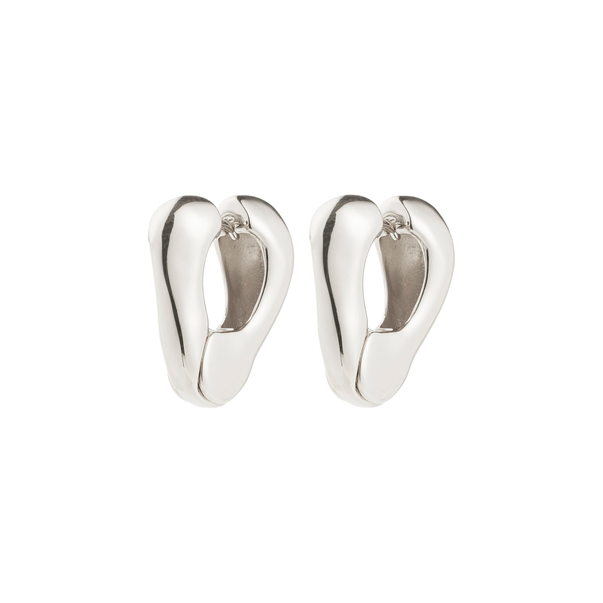 FREE earrings silver-plated: Chunky, polished-silver huggie hoops with organic shapes, inspired by ocean sunlight, featuring click clasps for everyday wear, embodying Pilgrim's trendy Scandinavian design.