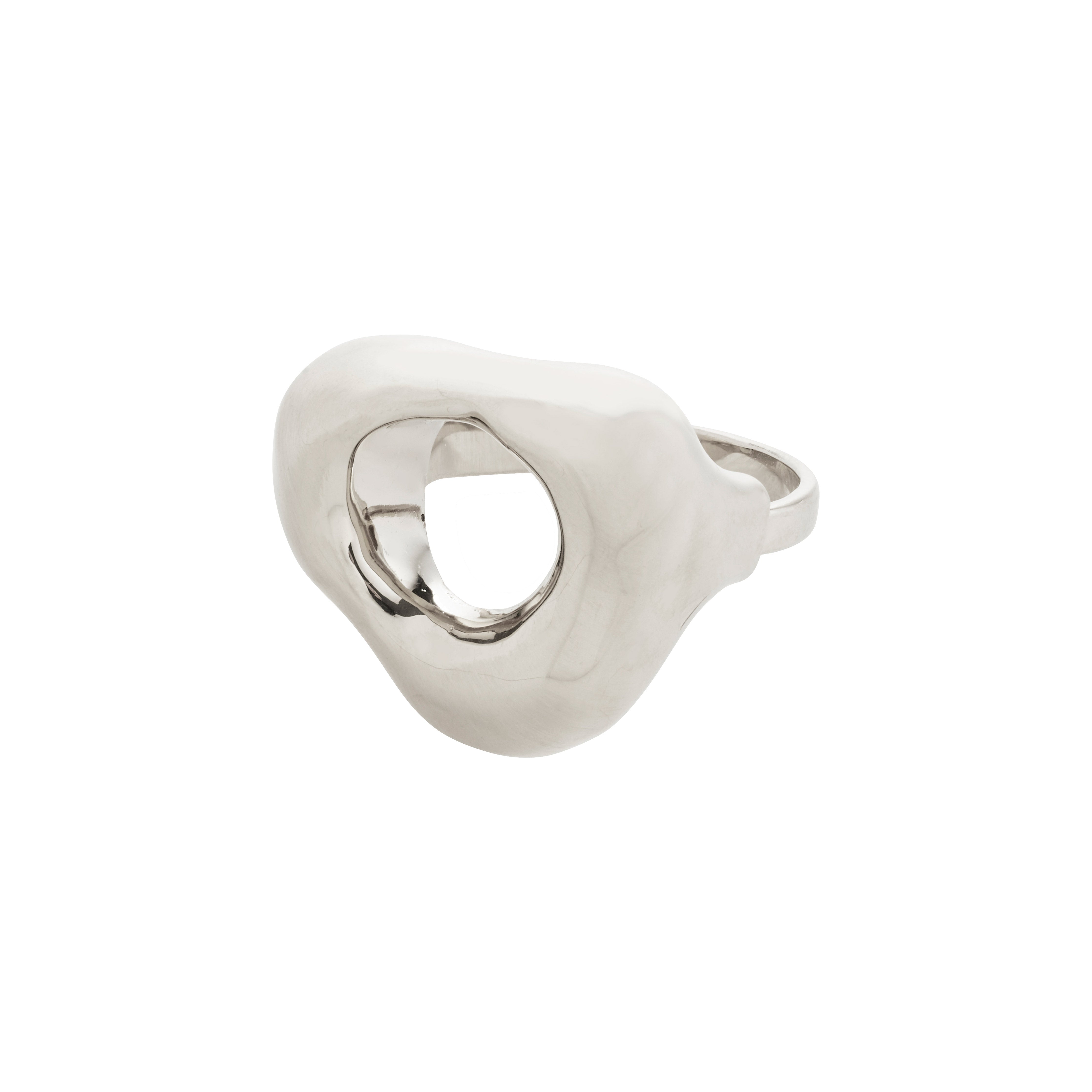 Silver-plated FREE ring with an organic, sculptural form and asymmetrical hollow, inspired by beach hagstones; adjustable for comfort, crafted from 99% recycled material.