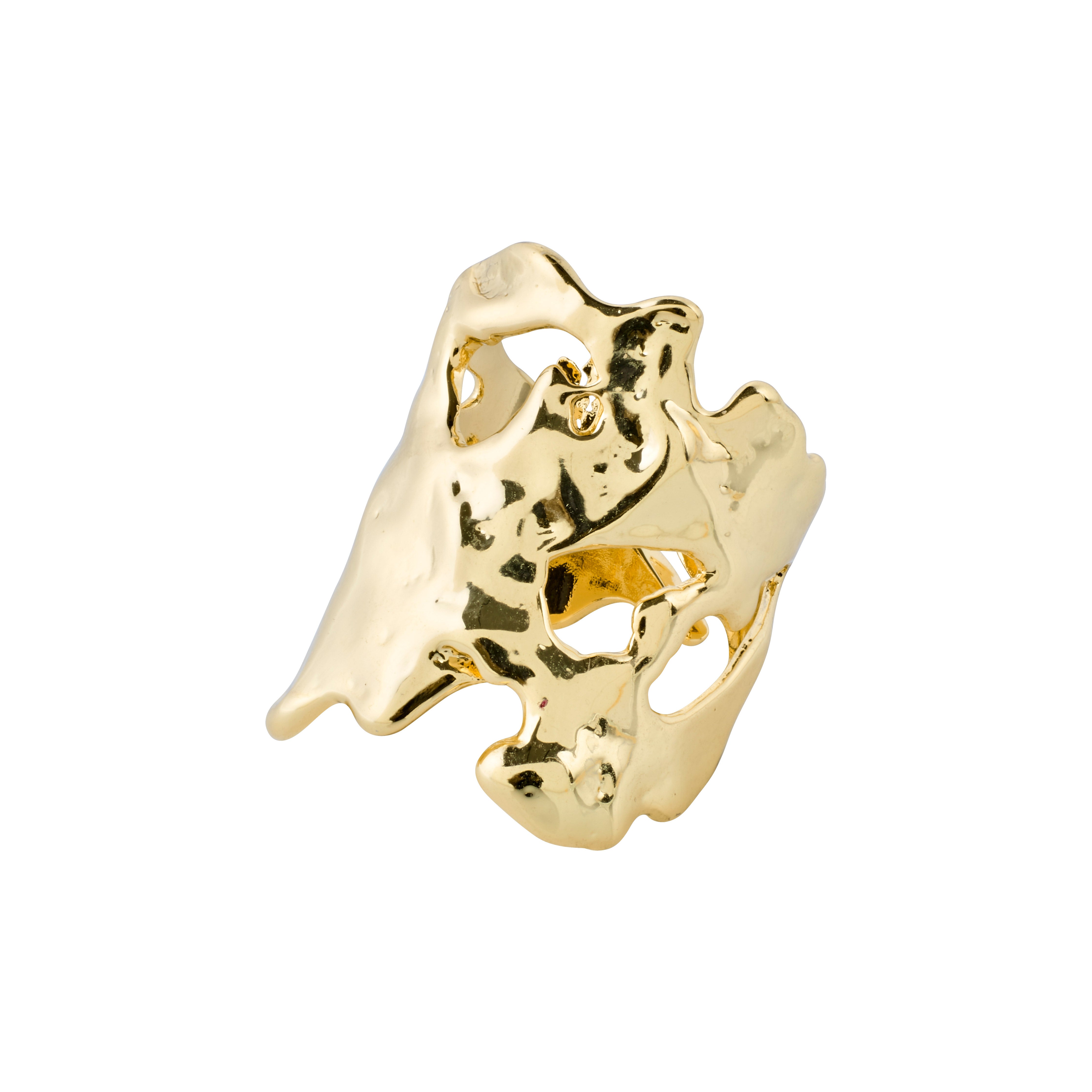 HAPPY organic shaped ring gold-plated, featuring a sculptural, flowing design with polished cut-outs, reflecting Pilgrim's Nordic-inspired, trend-forward craftsmanship.
