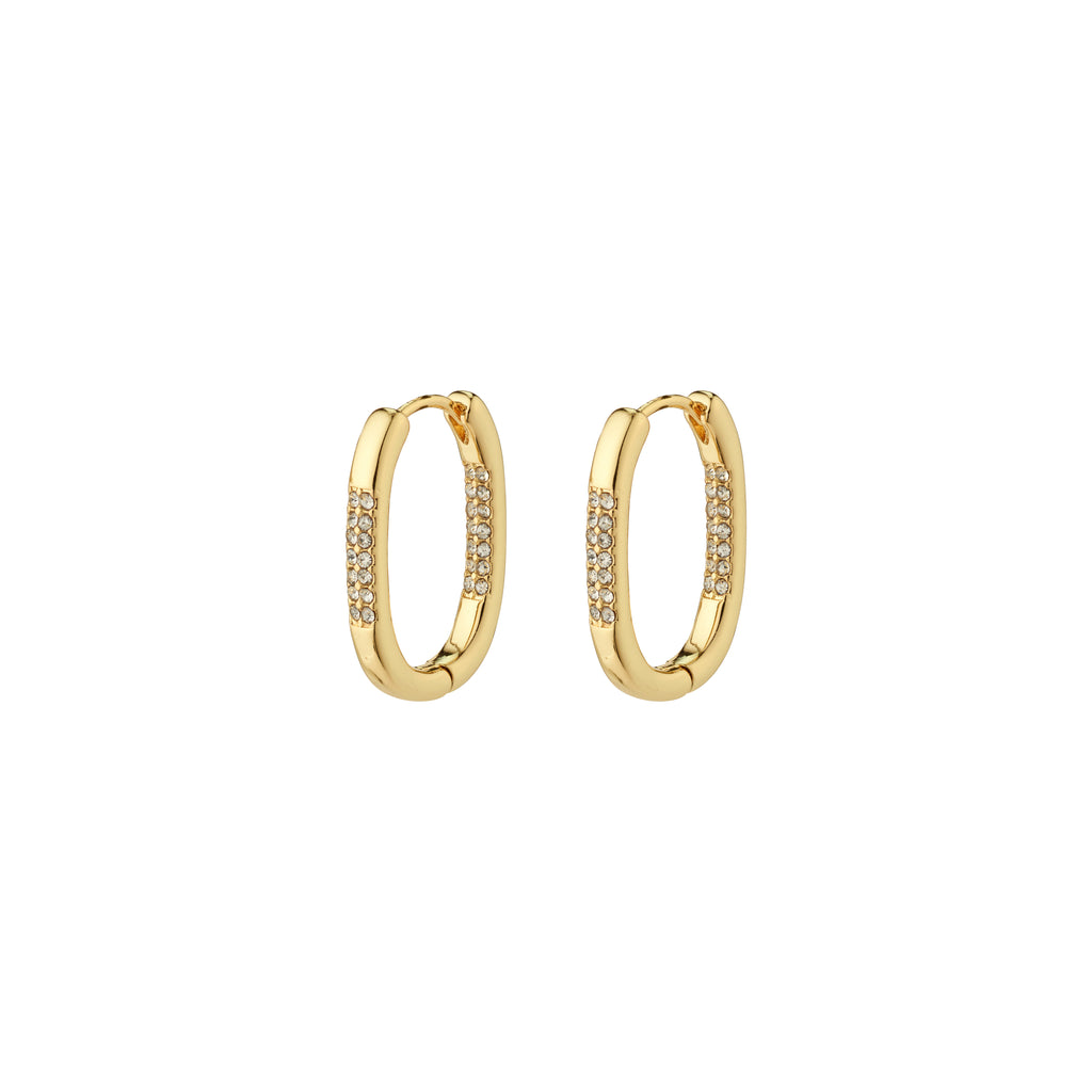 Gold-plated STAR hoops from Pilgrim, featuring an elegant oval shape adorned with sparkling Preciosa crystals, ideal for adding sophistication to any outfit.