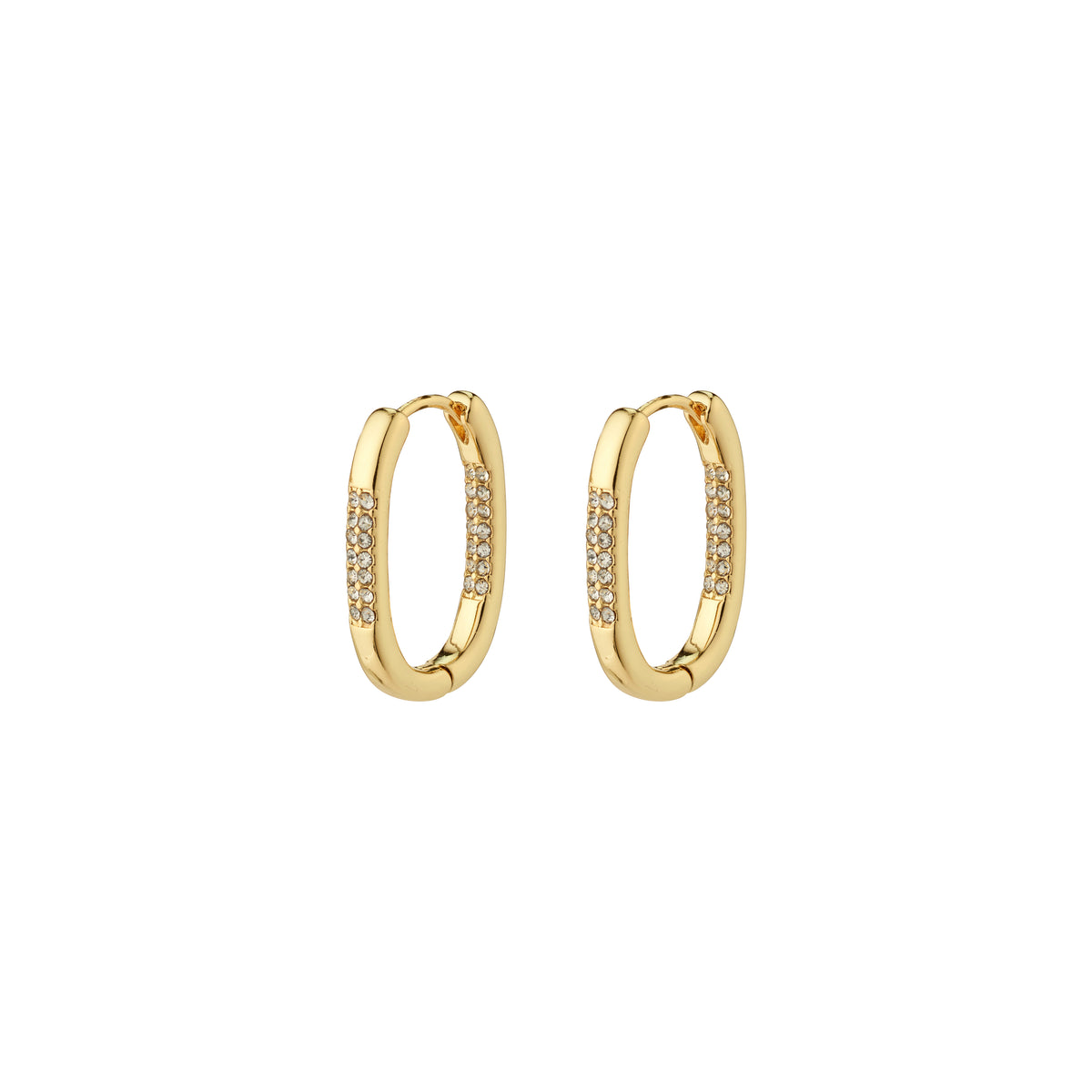 Gold-plated STAR hoops from Pilgrim, featuring an elegant oval shape adorned with sparkling Preciosa crystals, ideal for adding sophistication to any outfit.