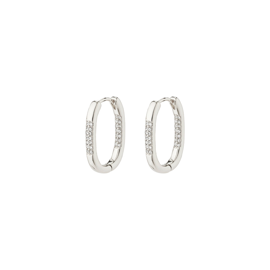 Silver-plated STAR hoops with Preciosa crystals from Pilgrim, featuring a shiny finish and easy-to-use click clasp, crafted from 96% recycled materials.