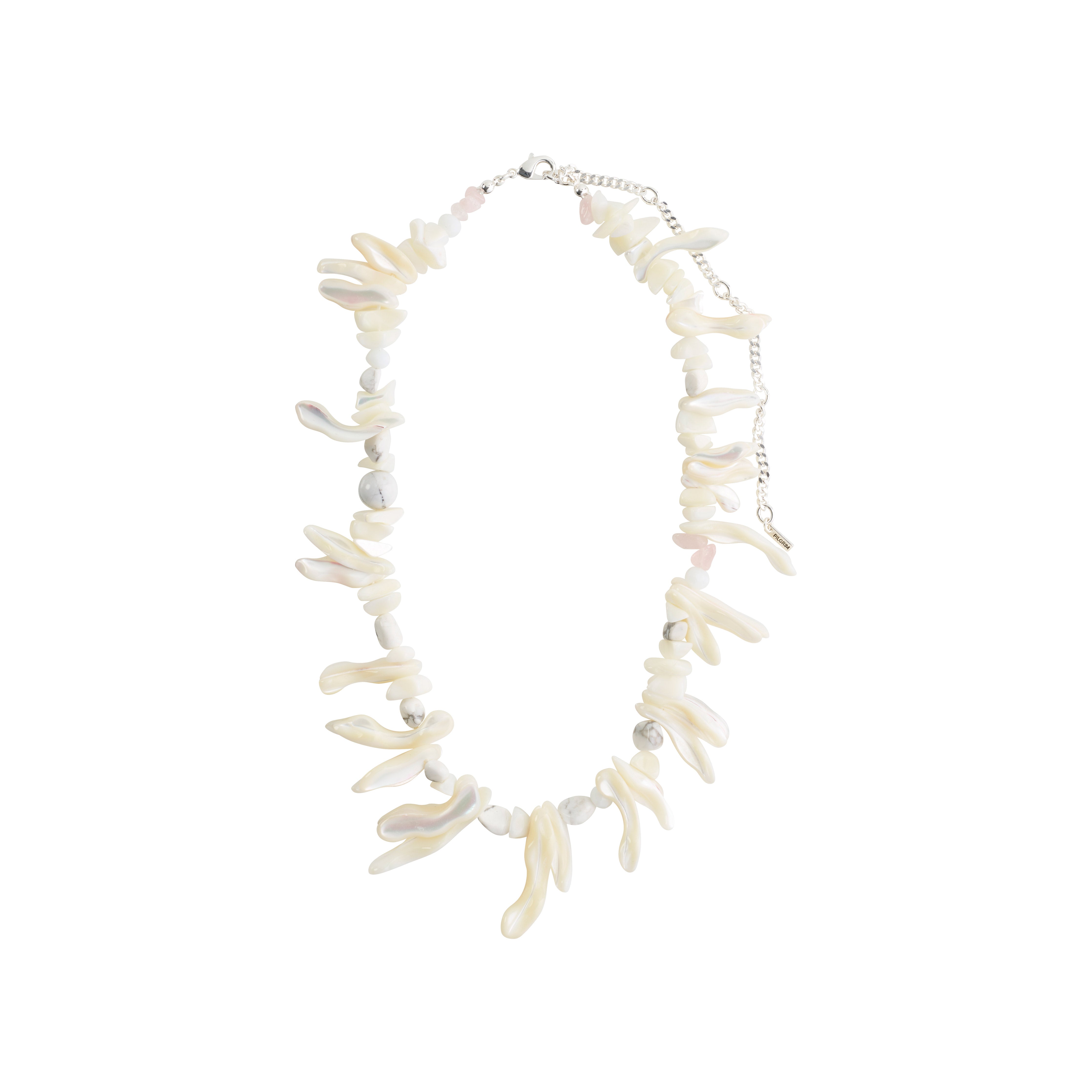 LIGHT seashell necklace white/silver-plated featuring irregular mother-of-pearl pieces, Rose Quartz, and White Turquoise beads, offering a boho luxe and beachy vibe.