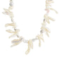 LIGHT seashell necklace, featuring white beads, irregular mother-of-pearl pieces, rose quartz, and white turquoise, with a silver-plated adjustable chain from Pilgrim's LIGHT collection.