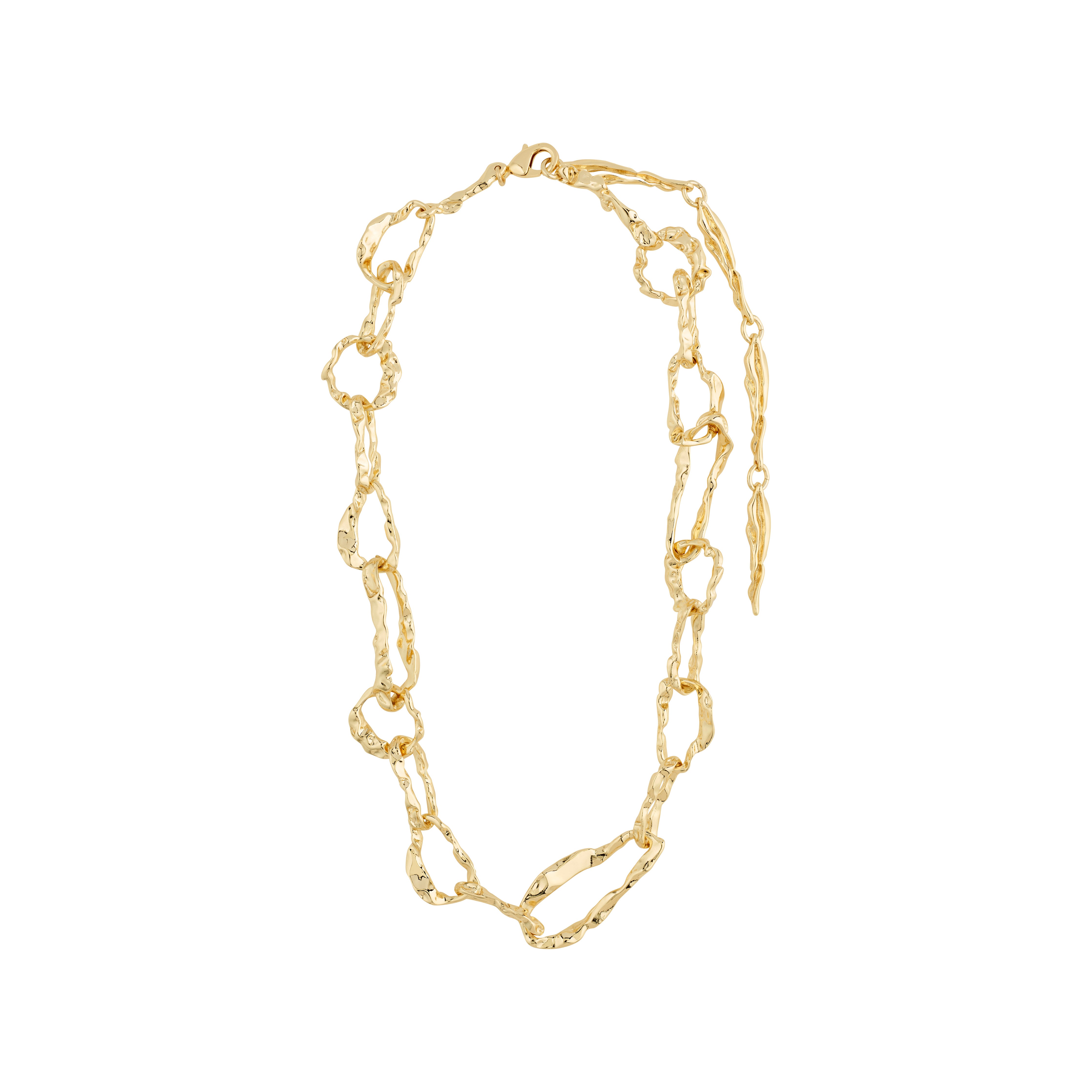 BELIEVE chain necklace gold-plated with large open links, showcasing a rustic, handcrafted look for a unique urban style. Measures 44 cm with a 14 cm extension.