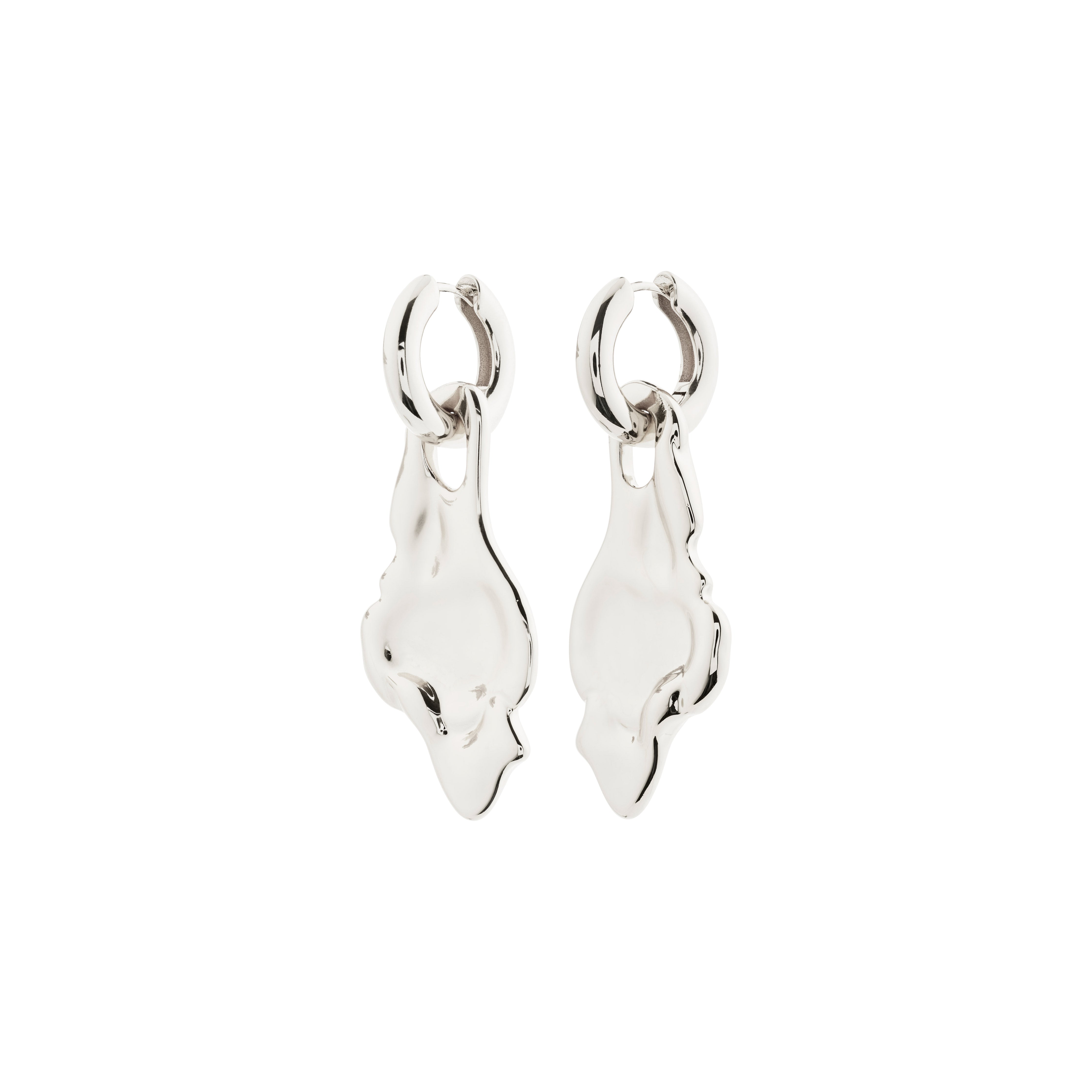 Silver-plated STARLIGHT earrings with chunky hoops and large organic pendants, featuring an easy click clasp, crafted from 99% recycled materials by Pilgrim.