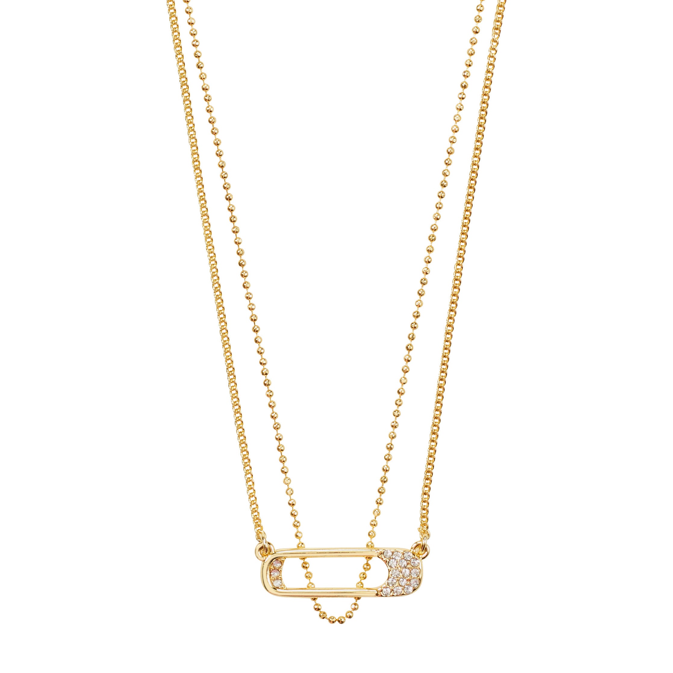 Gold-plated INSTANT necklace featuring layered fine curb and ball chains with a striking crystal-encrusted safety-pin-inspired pendant. Elegant and edgy, perfect for personal style.