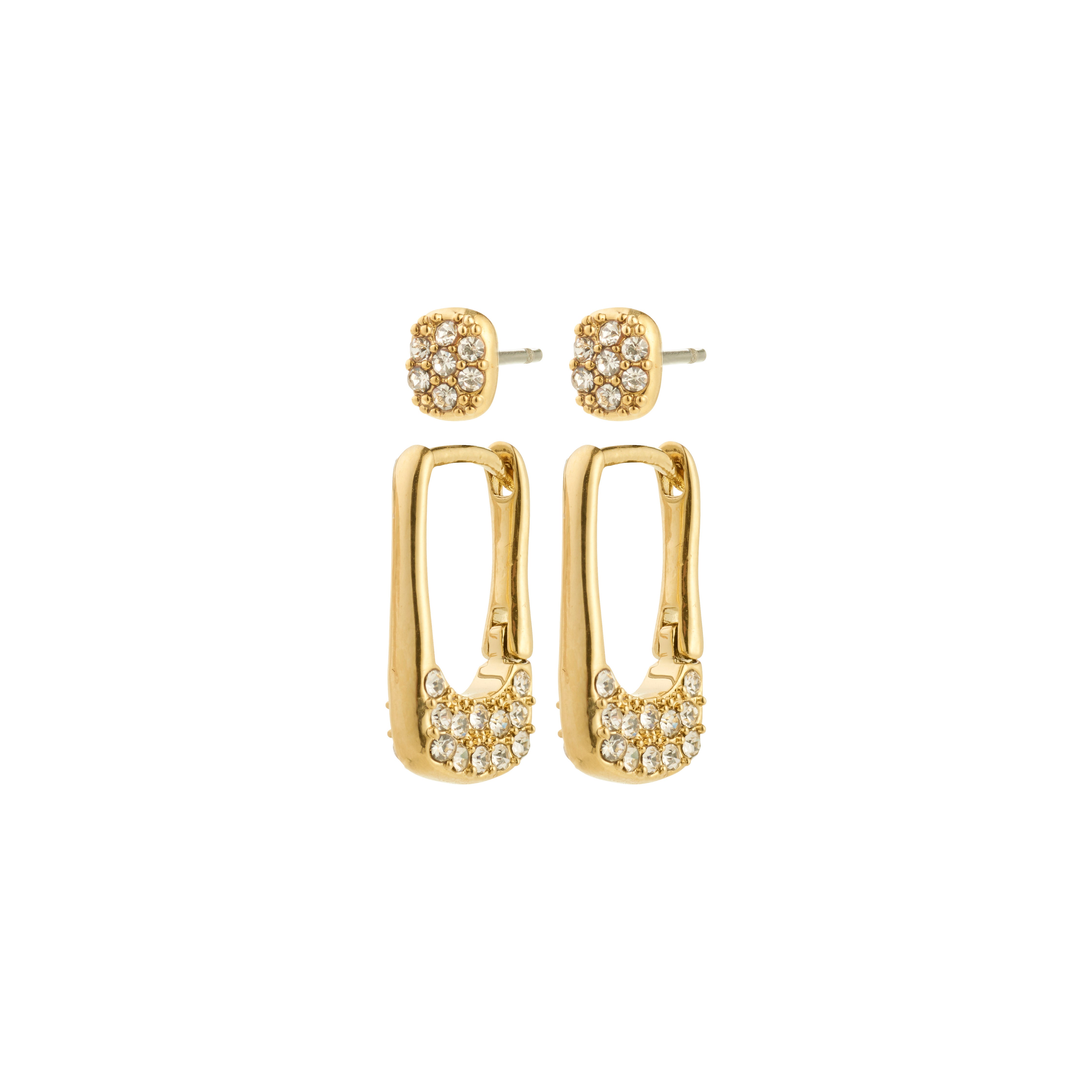 INSTANT earrings 2-in-1 set, gold-plated: features crystal-studded square studs and safety-pin–style hoops, offering a chic blend of glam and urban style.