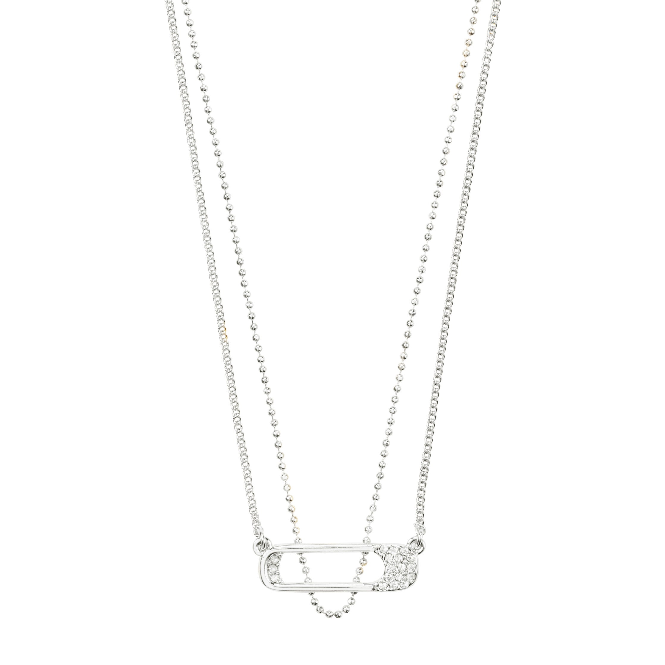 Silver-plated INSTANT necklace set featuring two fine chains with a safety-pin-inspired pendant, adorned with Preciosa crystals for a sleek, urban edge.