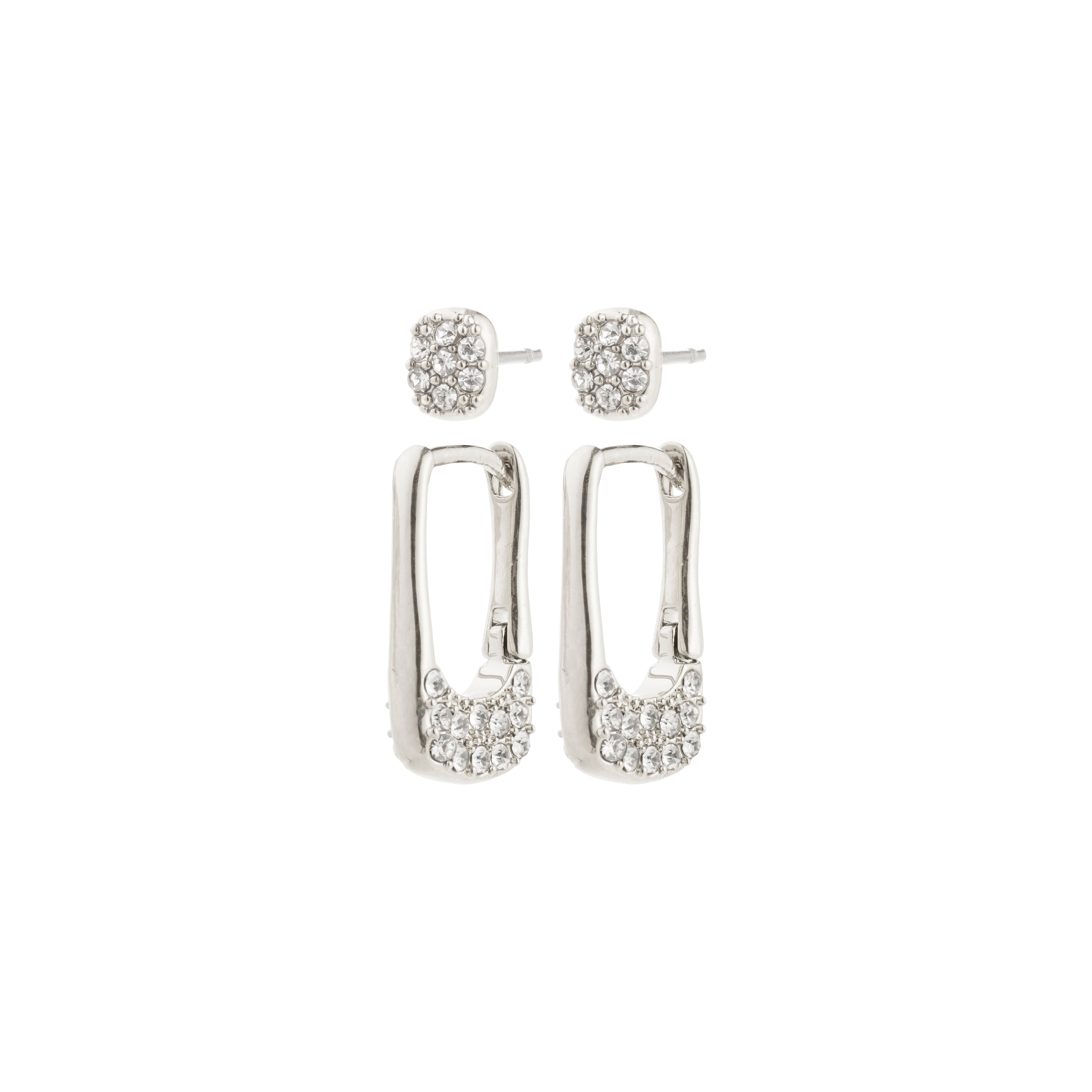 INSTANT earrings 2-in-1 set, silver-plated, featuring cushion-shaped stud and U-shaped drop earrings encrusted with sparkling Preciosa crystals for a chic, urban style.