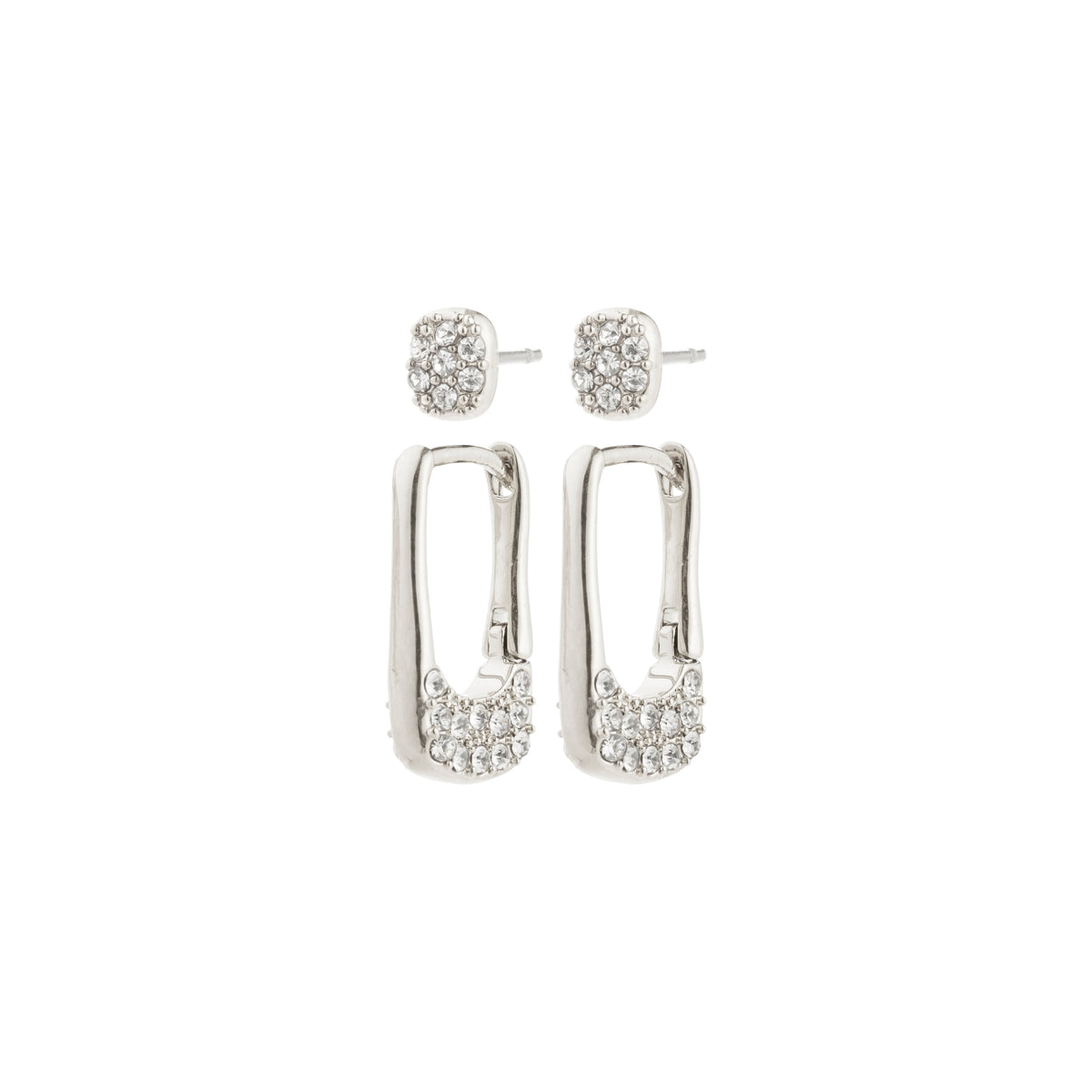 INSTANT earrings 2-in-1 set, silver-plated, featuring cushion-shaped stud and U-shaped drop earrings encrusted with sparkling Preciosa crystals for a chic, urban style.