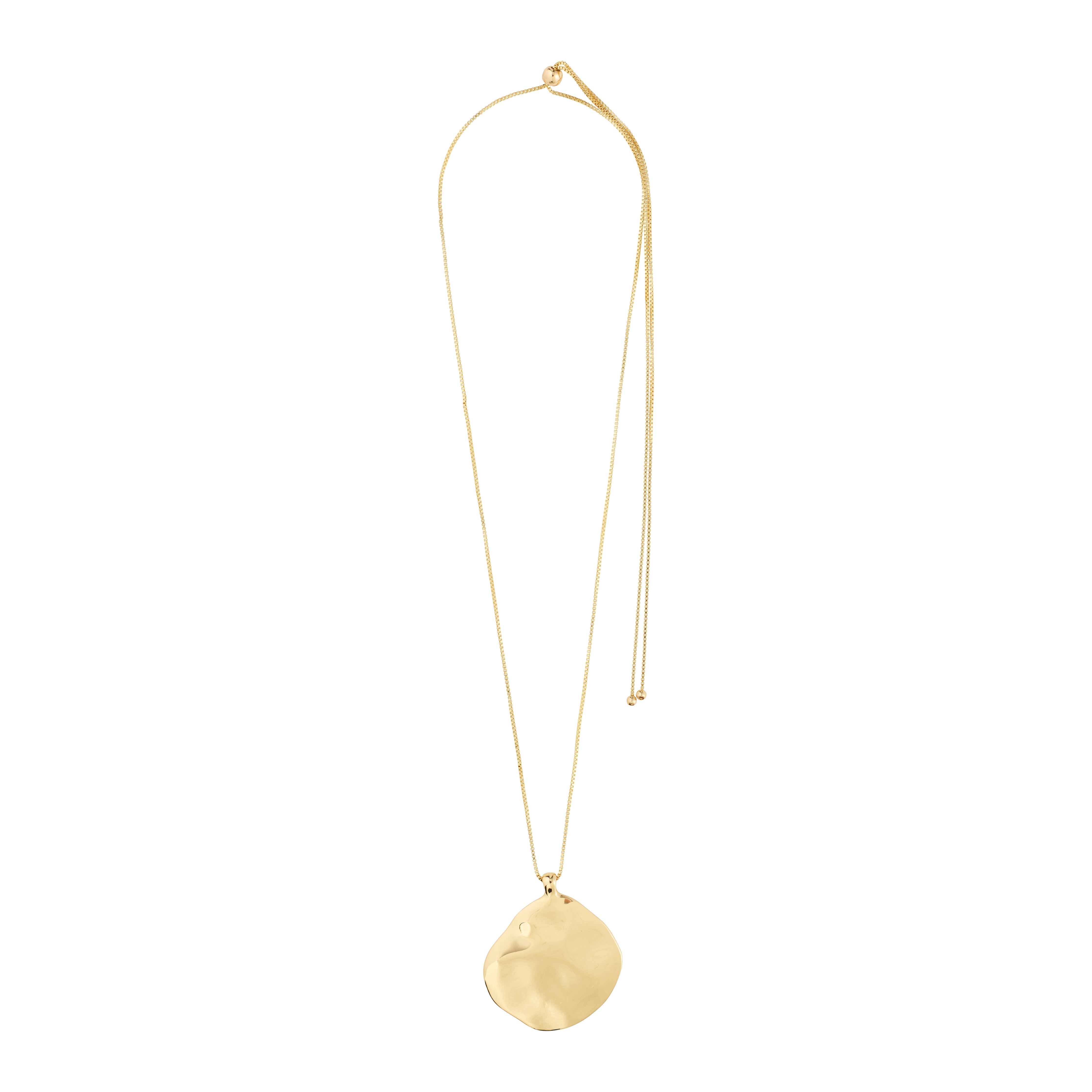 Gold-plated SPARKLE necklace by Pilgrim with an adjustable chain and a wavy, rounded disc pendant, reflecting ocean-inspired light patterns.