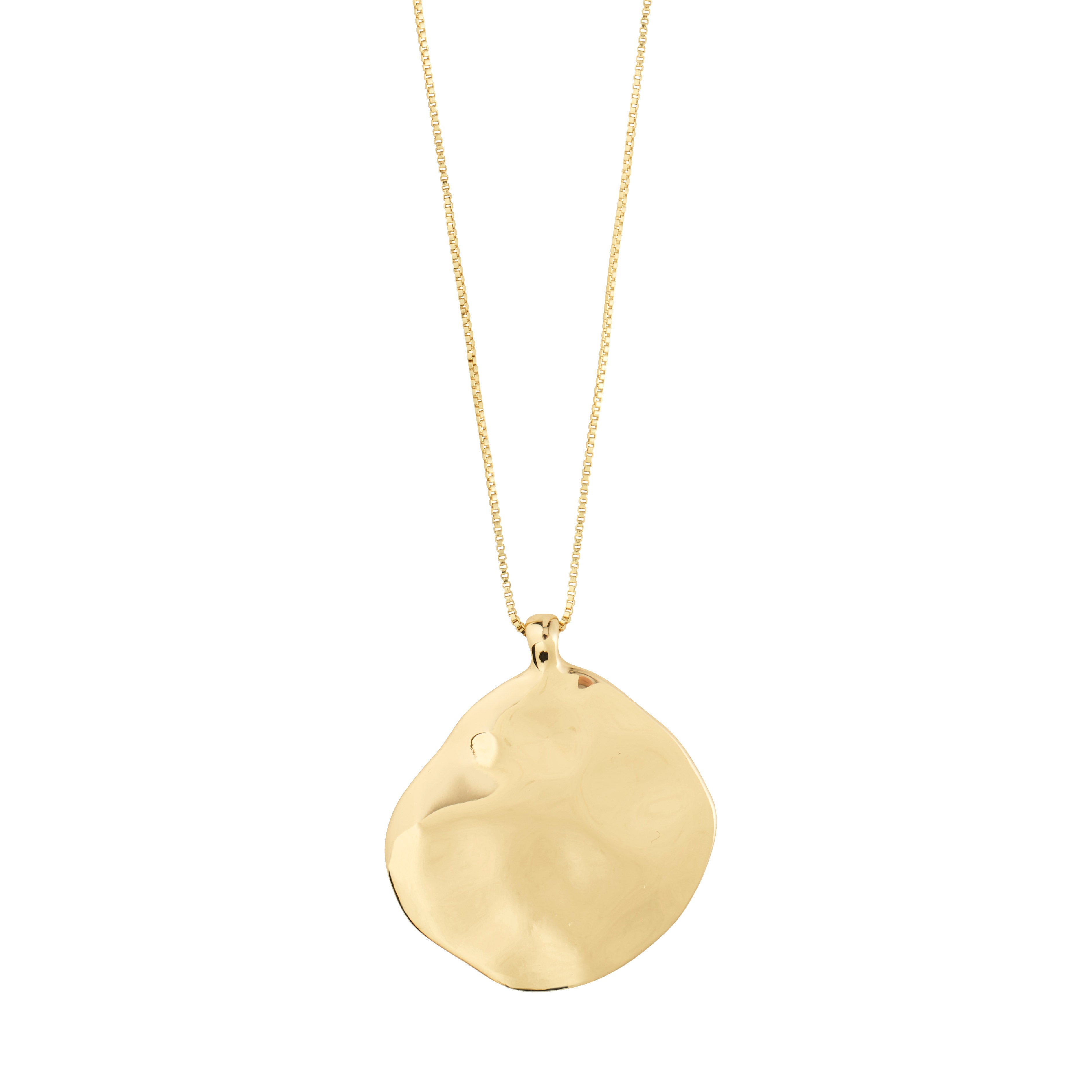 Gold-plated SPARKLE necklace with a large, wavy, organic-shaped pendant on a 90 cm chain; embodies Pilgrim's Scandinavian craftsmanship and eco-conscious fashion.