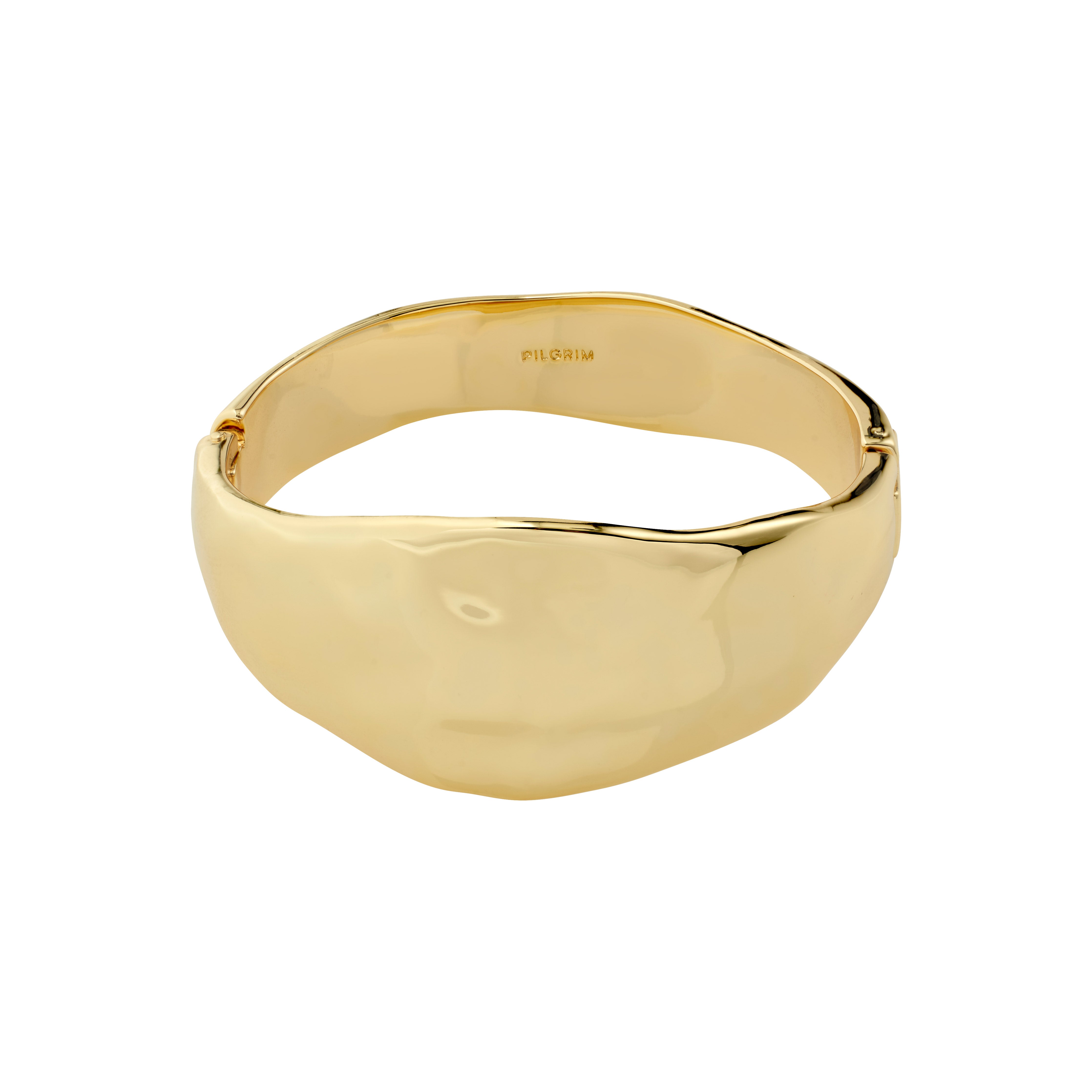 SPARKLE bracelet gold-plated by Pilgrim, a wide, shiny cuff with a slightly irregular shape, featuring a click clasp and handcrafted Scandi design.