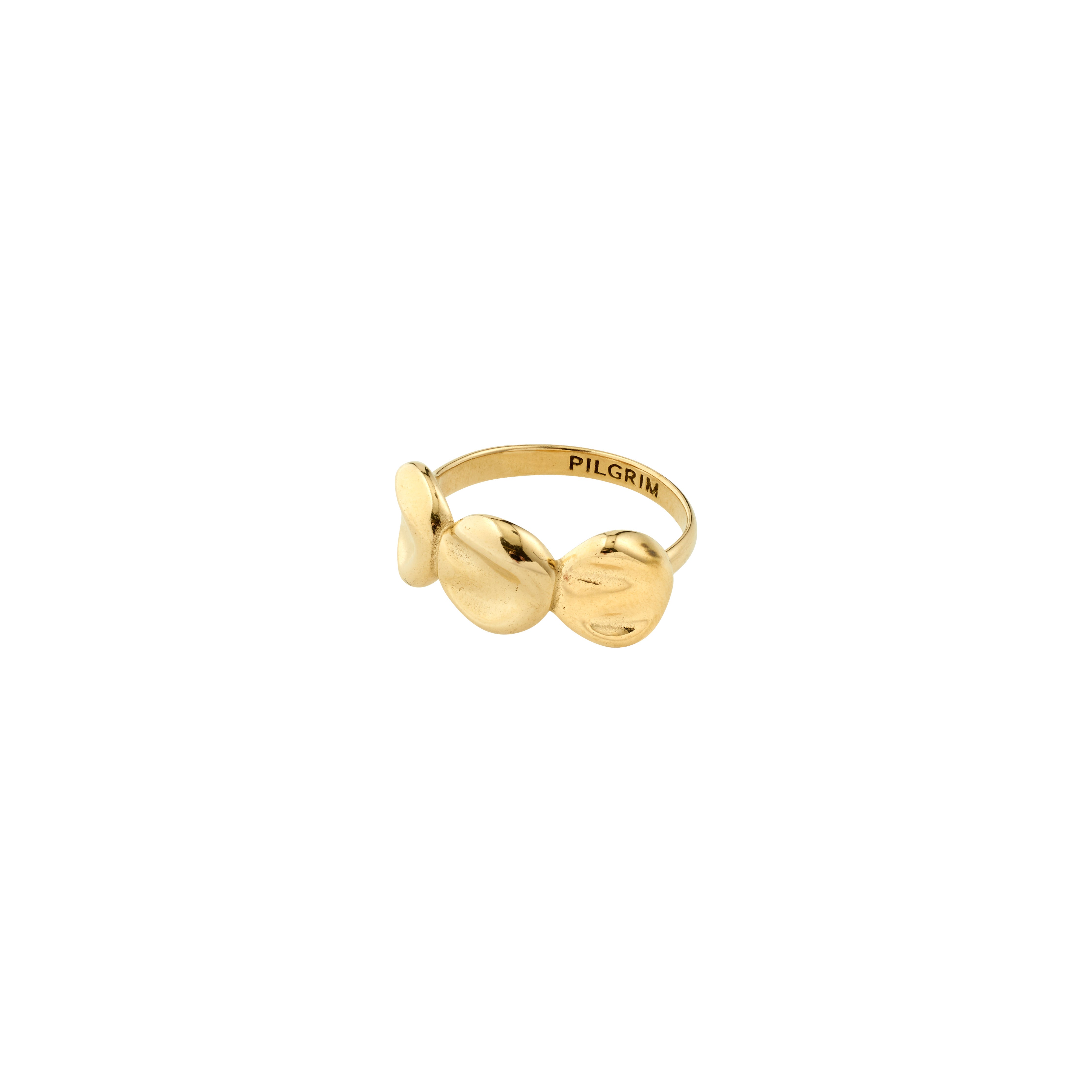 SPARKLE ring gold-plated by Pilgrim features three nugget-shaped elements on an adjustable band, crafted from 99% recycled materials for a unique, eco-friendly design.