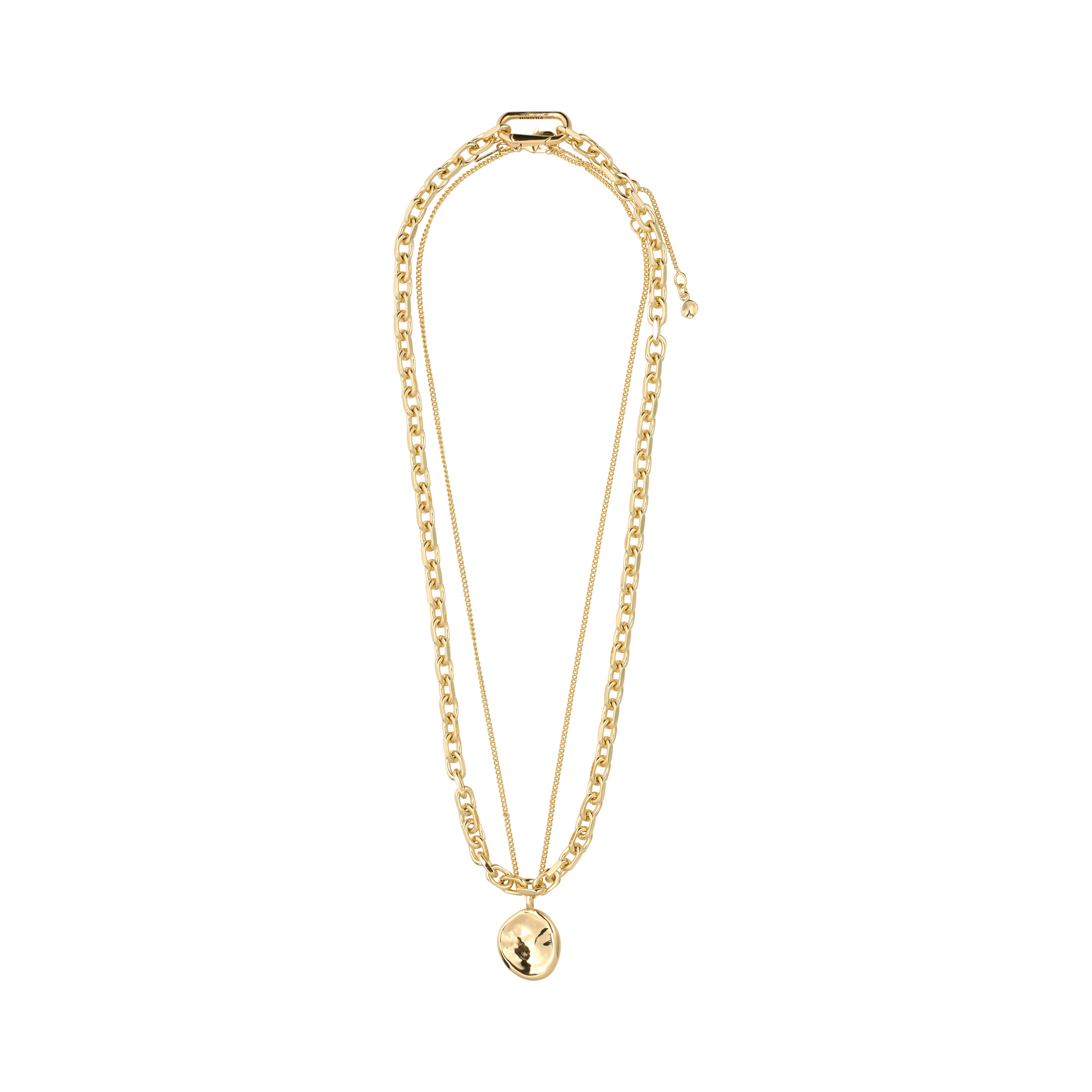 Gold-plated SPARKLE necklace 2-in-1 set with chunky curb and fine chains, featuring a hammered pendant. Adjustable for versatile styling. Made from 99% recycled materials.
