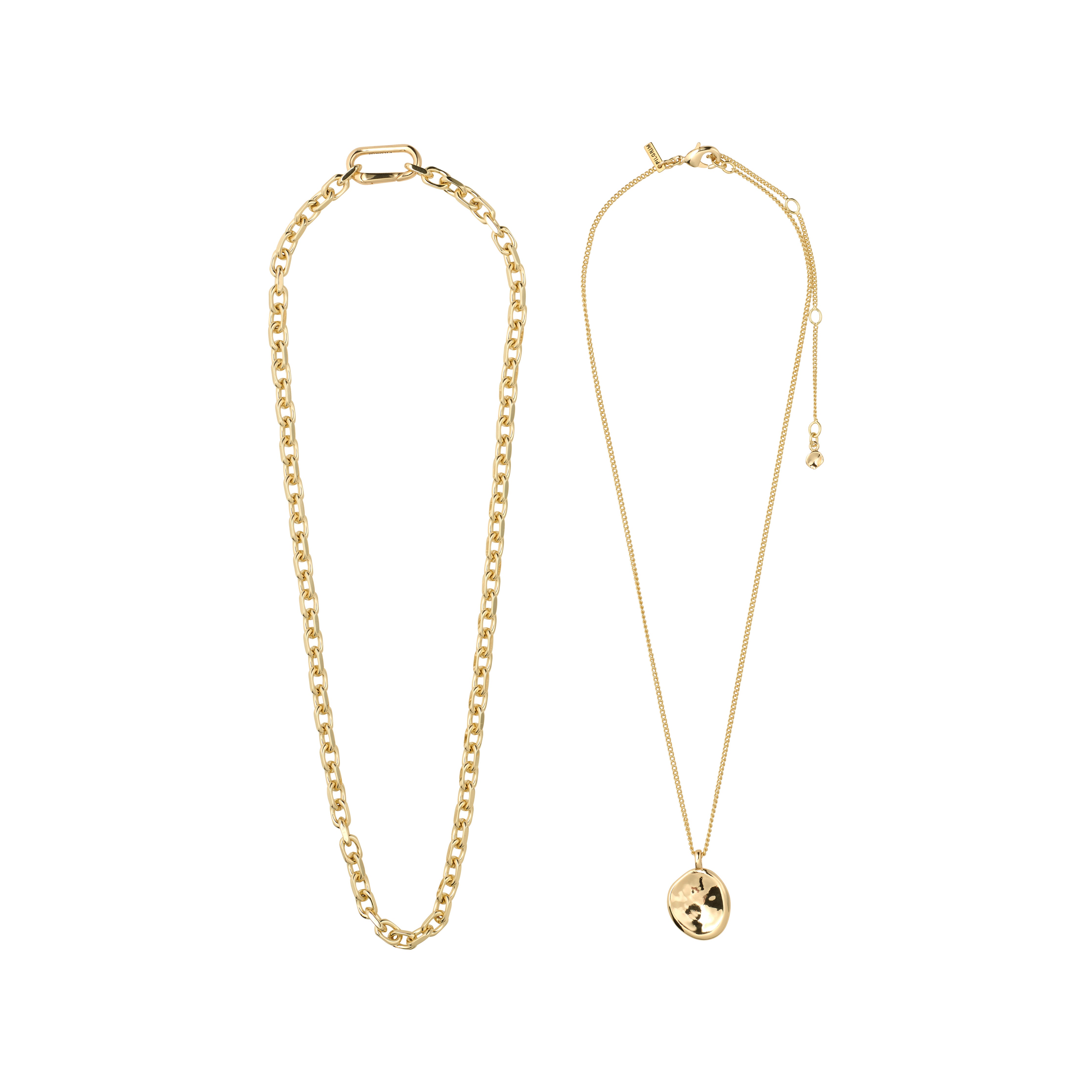 SPARKLE necklace 2-in-1 set, gold-plated: chunky curb chain with rectangular clasp and delicate chain with disc pendant, offering versatile, stylish elegance.