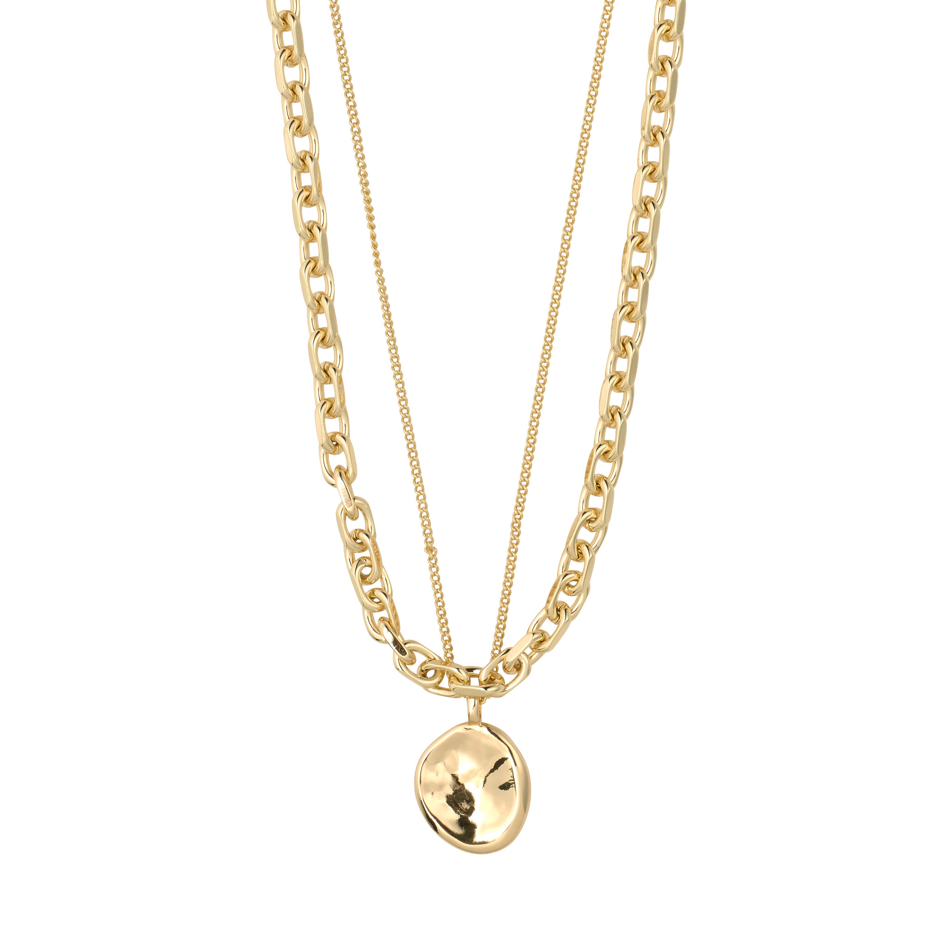 SPARKLE necklace 2-in-1 set with chunky curb chain and fine coin chain, featuring a hammered pendant for a chic, layered look.