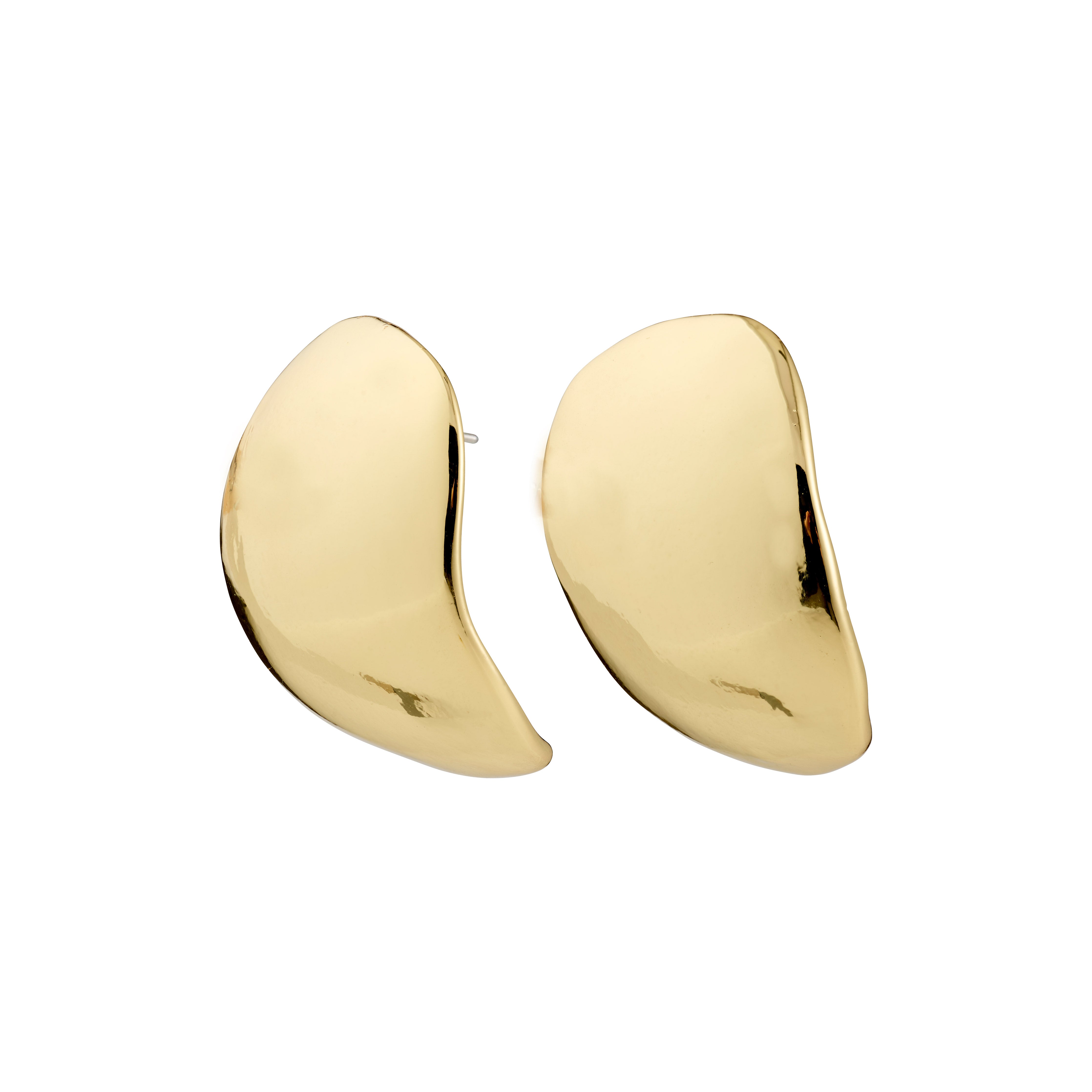 SPARKLE earrings gold-plated, sculptural gold-tone ear studs with asymmetrical curves, embodying a sleek, vintage-inspired design made from recycled materials for Pilgrim's trendsetting collection.