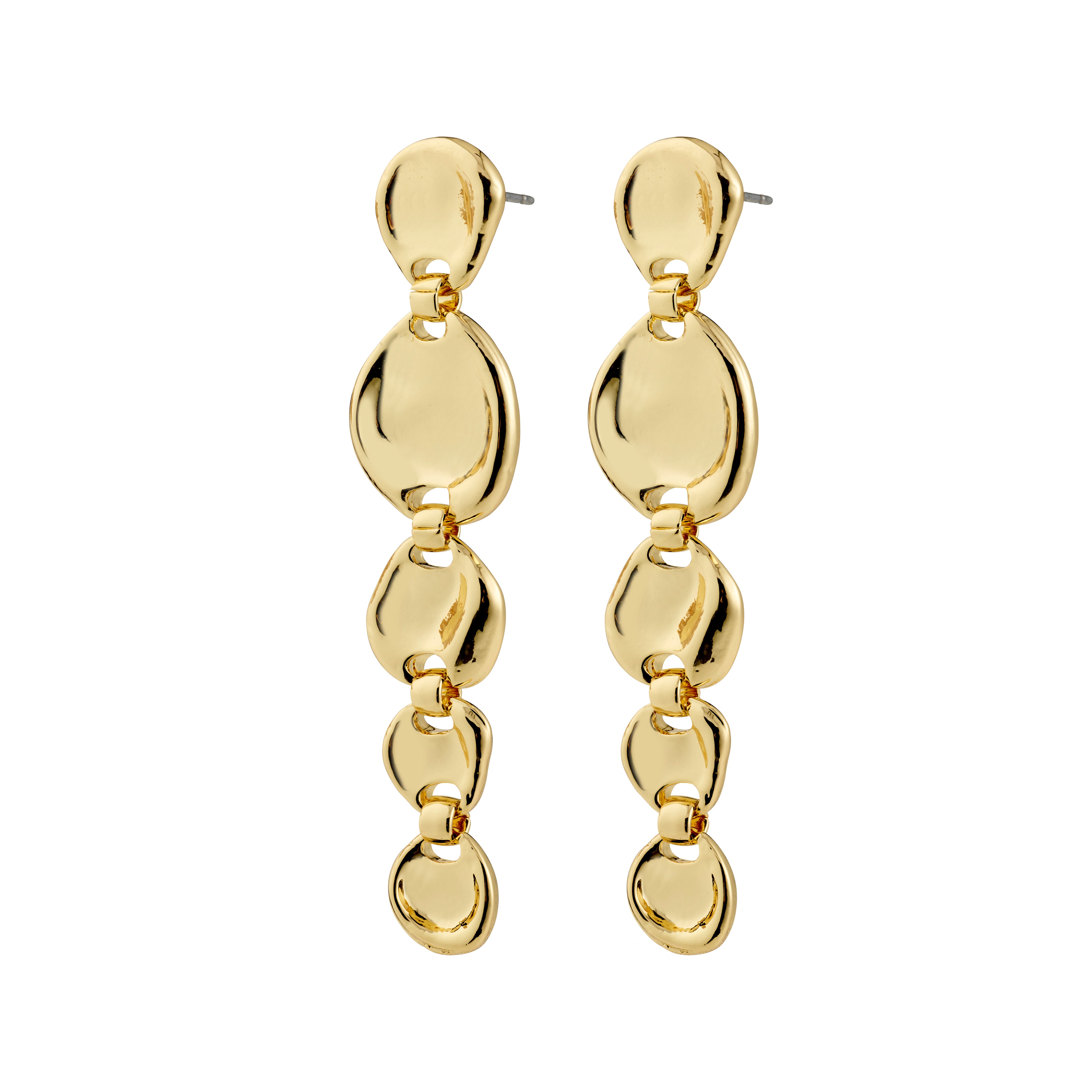 Gold-plated SPARKLE earrings by Pilgrim, featuring five linked pebble-shaped elements, offering a vintage edge with a shimmering, uneven surface for chic and edgy looks.