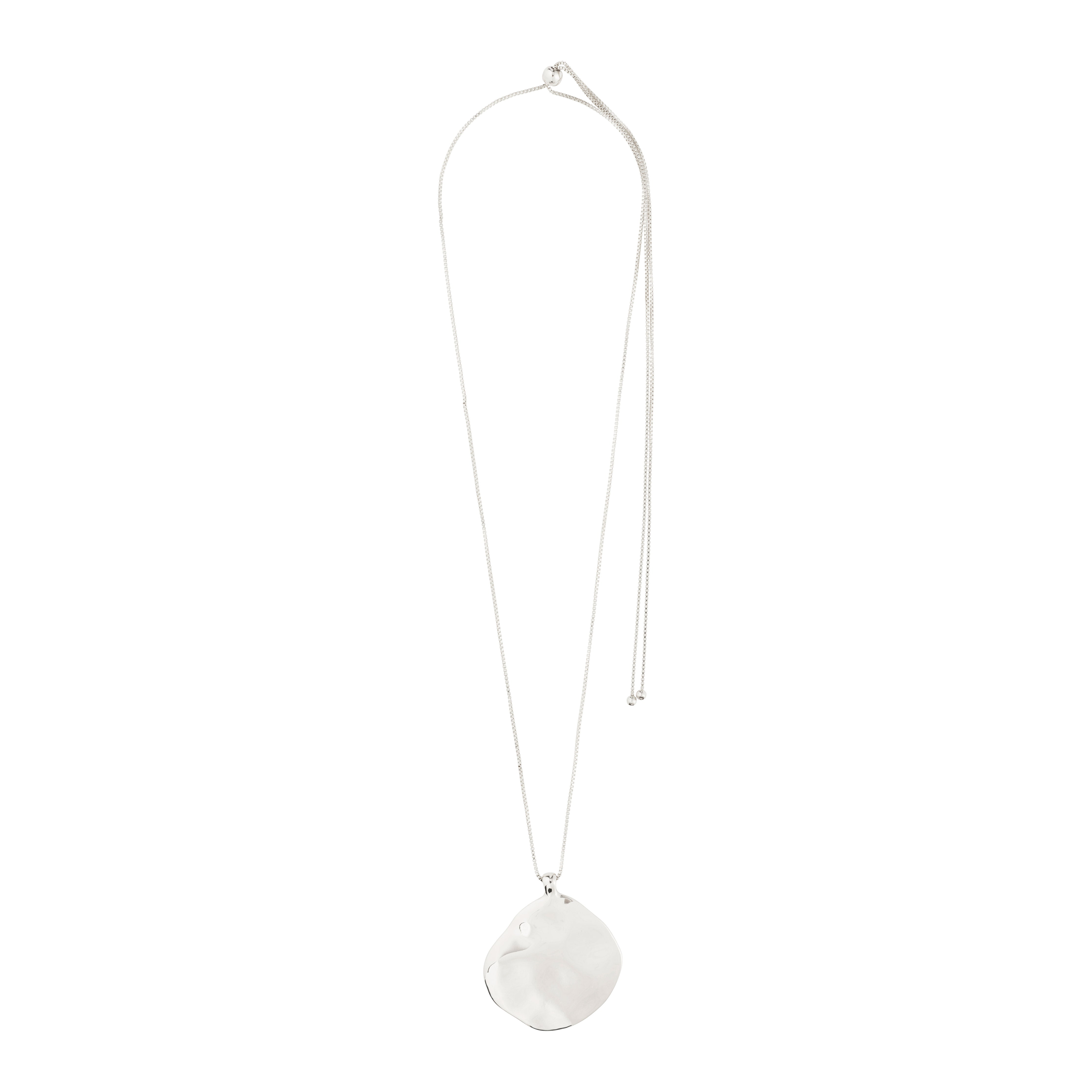 SPARKLE necklace silver-plated: A long, fine chain with an adjustable slider and irregular hammered disc pendant, embodying Pilgrim's Scandi design and eco-friendly craftsmanship.