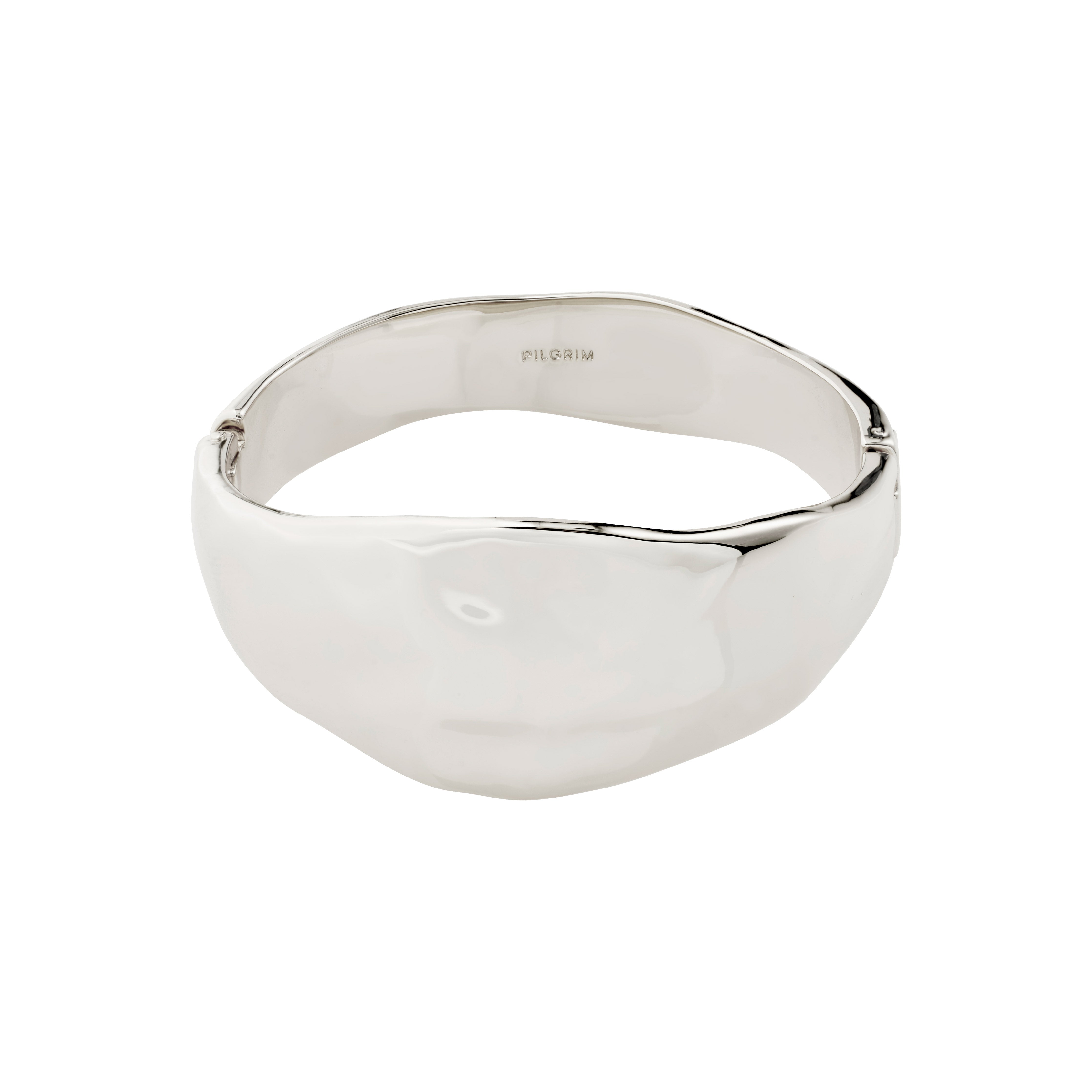 SPARKLE bracelet silver-plated bangle by Pilgrim, featuring a wide, organic shape with a minimalist Nordic design and stamped maker’s mark inside.