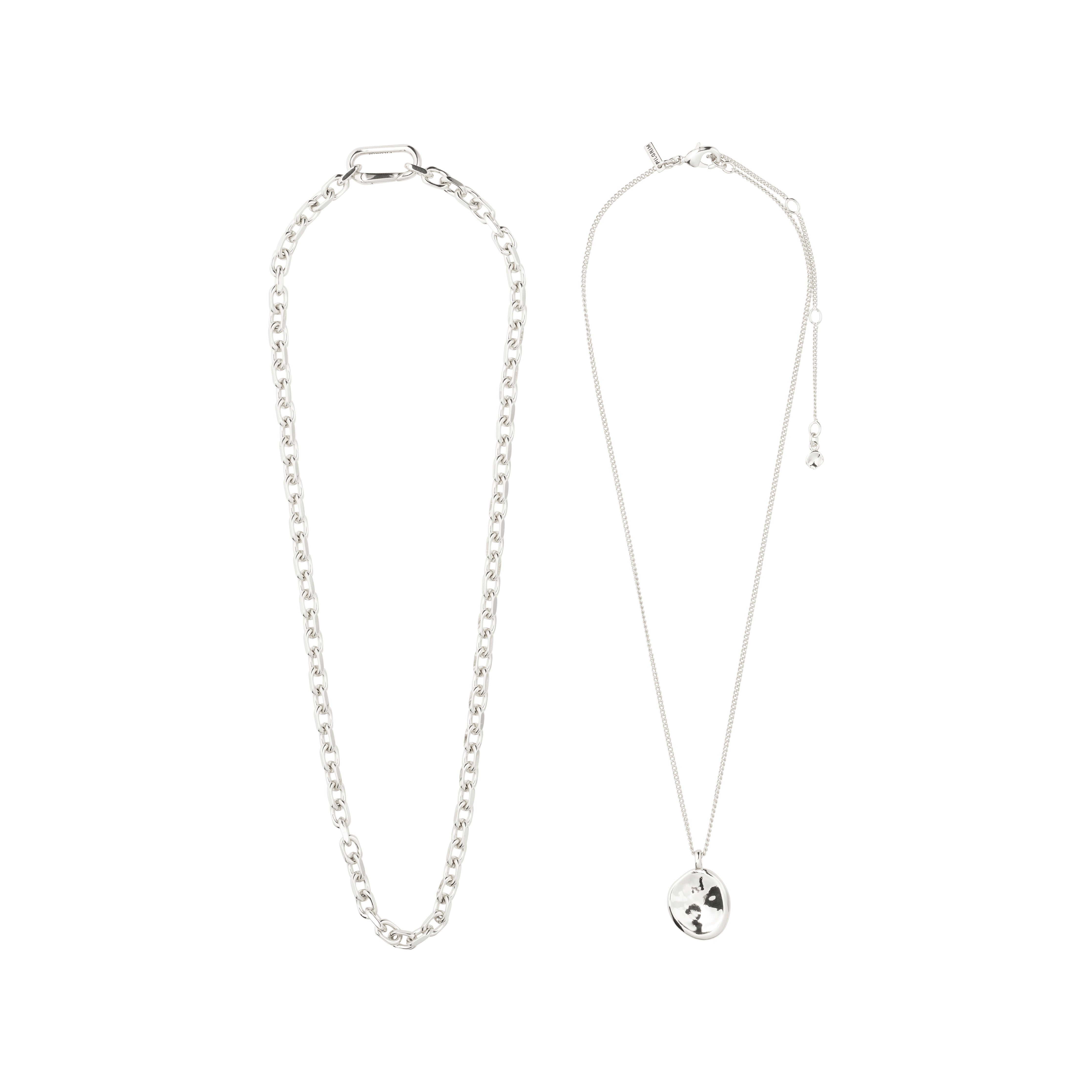 Silver-plated SPARKLE necklace set: a chunky link chain with oversize clasp and a fine chain with an adjustable, hammered pendant, perfect for stylish layering.