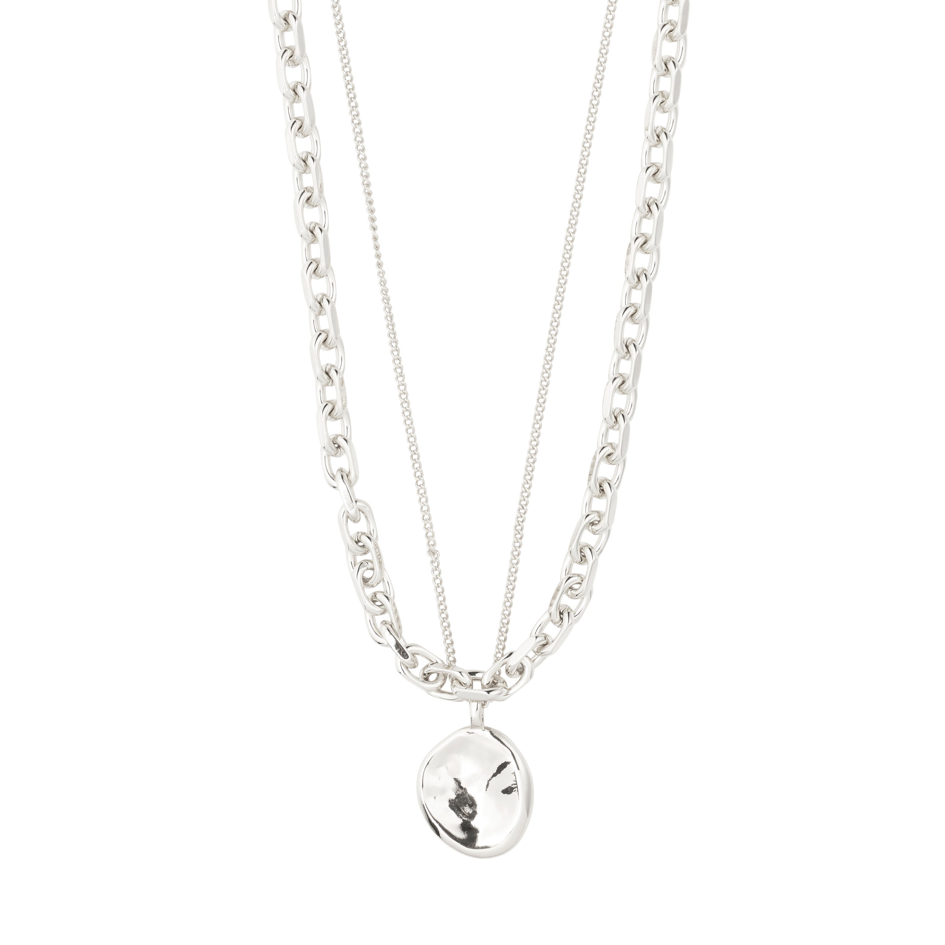 SPARKLE necklace 2-in-1 set, silver-plated, features a chunky curb chain and delicate link chain with a hammered coin pendant for a modern, minimalist look.