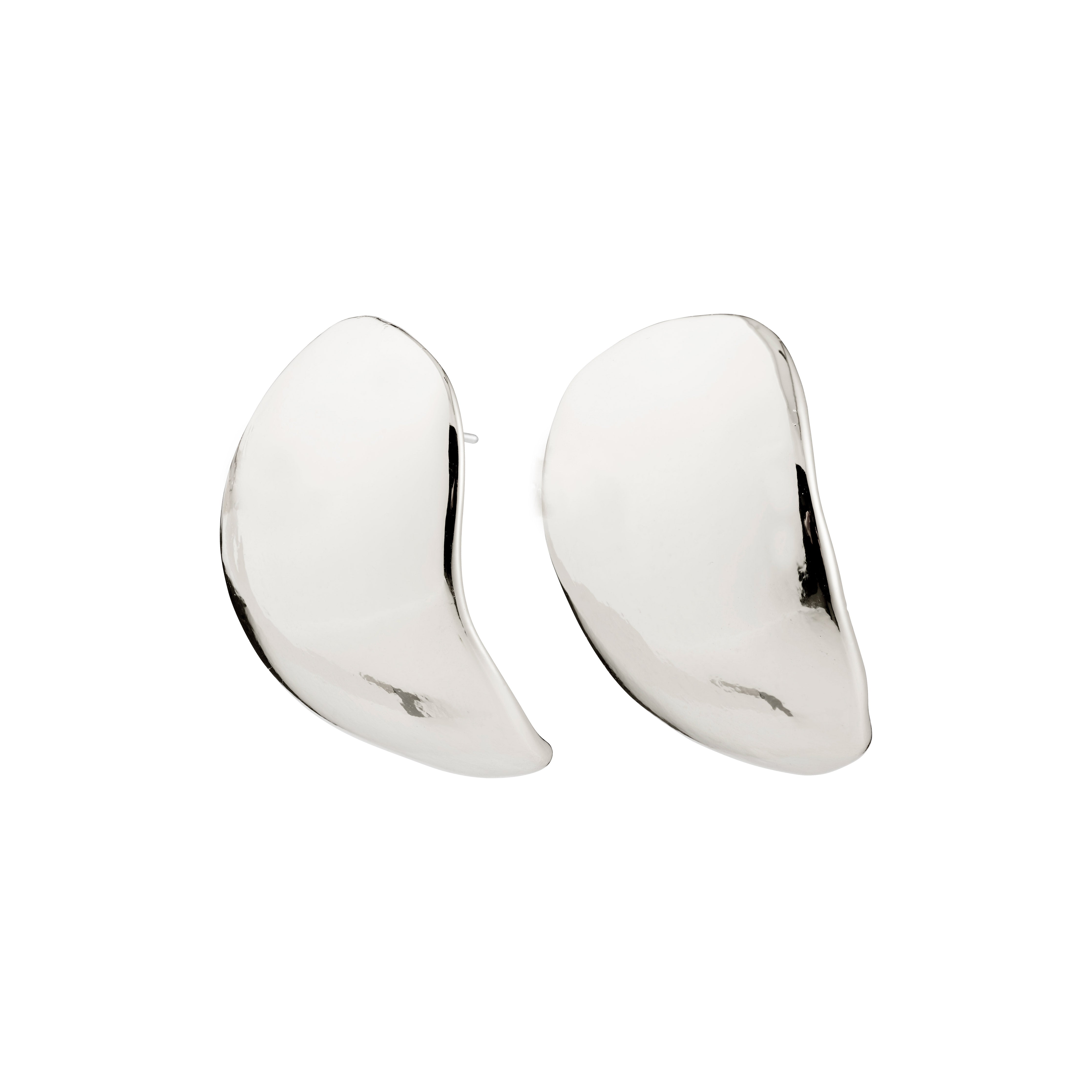 SPARKLE earrings silver-plated, polished asymmetrical studs with a crescent shape, showcasing sleek, vintage-inspired design made from 99% recycled materials.
