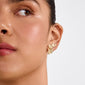 Close-up of HORIZON gold-plated earrings on earlobe, showcasing their irregular design, perfect for mix-and-match styling. Ideal for trendy, effortless looks.