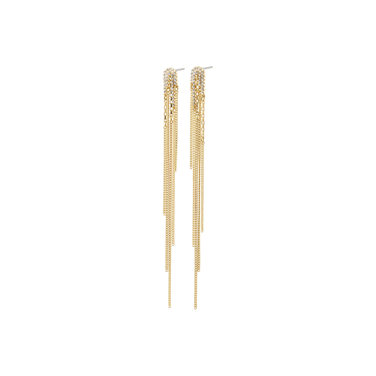 SERENITY crystal deco waterfall earrings gold-plated, featuring crystal-encrusted studs with cascading gold chains, inspired by nature's elegance and designed for a glamorous, sophisticated look.
