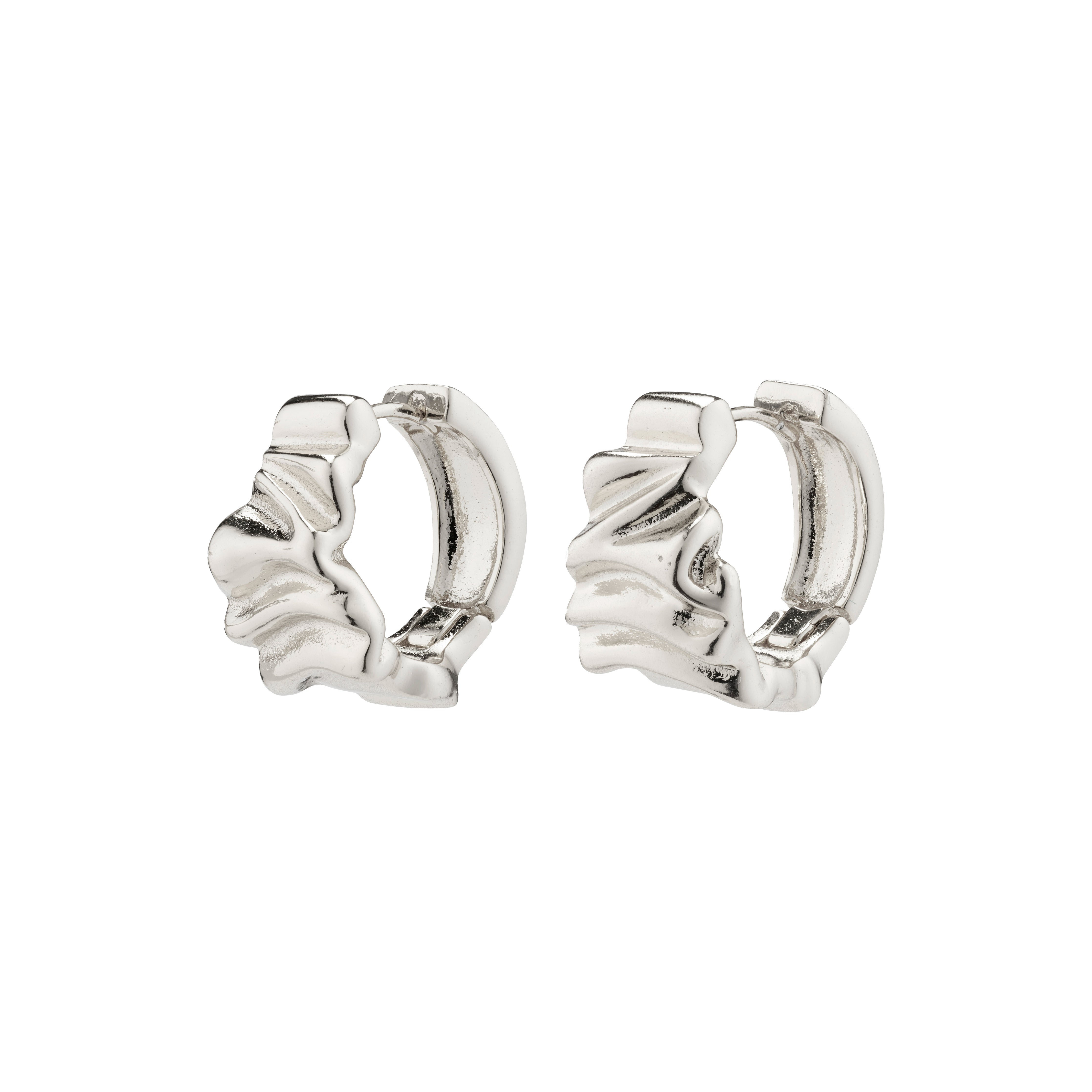 WILLPOWER huggie hoop earrings, silver-plated, featuring wavy, organic shapes and a simple hoop design, crafted from 99% recycled materials for an exclusive, handcrafted feel.