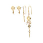 SMILE earrings 2-in-1 set, gold-plated, featuring pearl pendants and asymmetrical hooks with twirled pendants, embodying Pilgrim's playful, Scandinavian style.