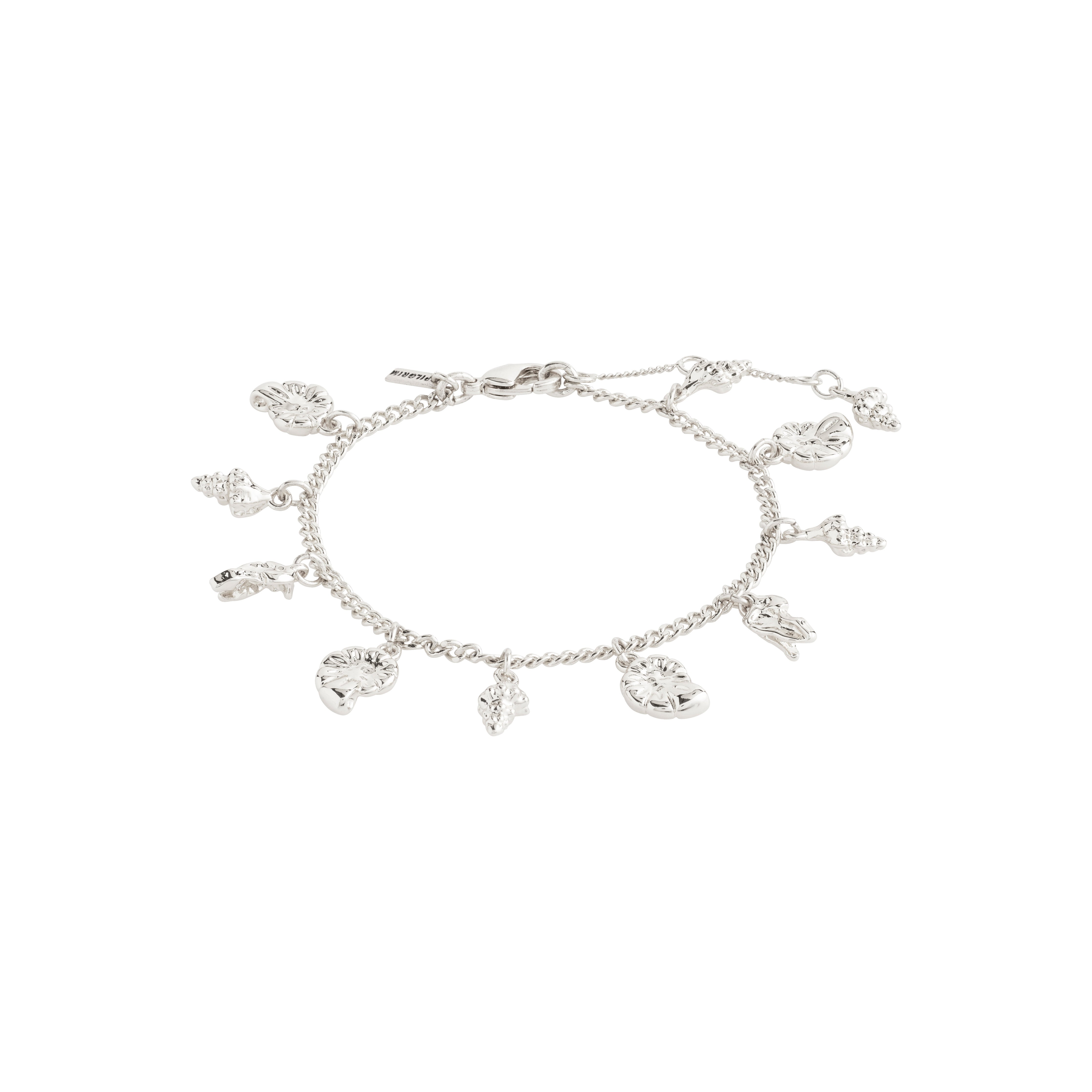 SEA bracelet silver-plated with tiny silver pendants, featuring seashell and floral charms, from Pilgrim's Shapes Of Life collection, evoking beachy summer vibes.