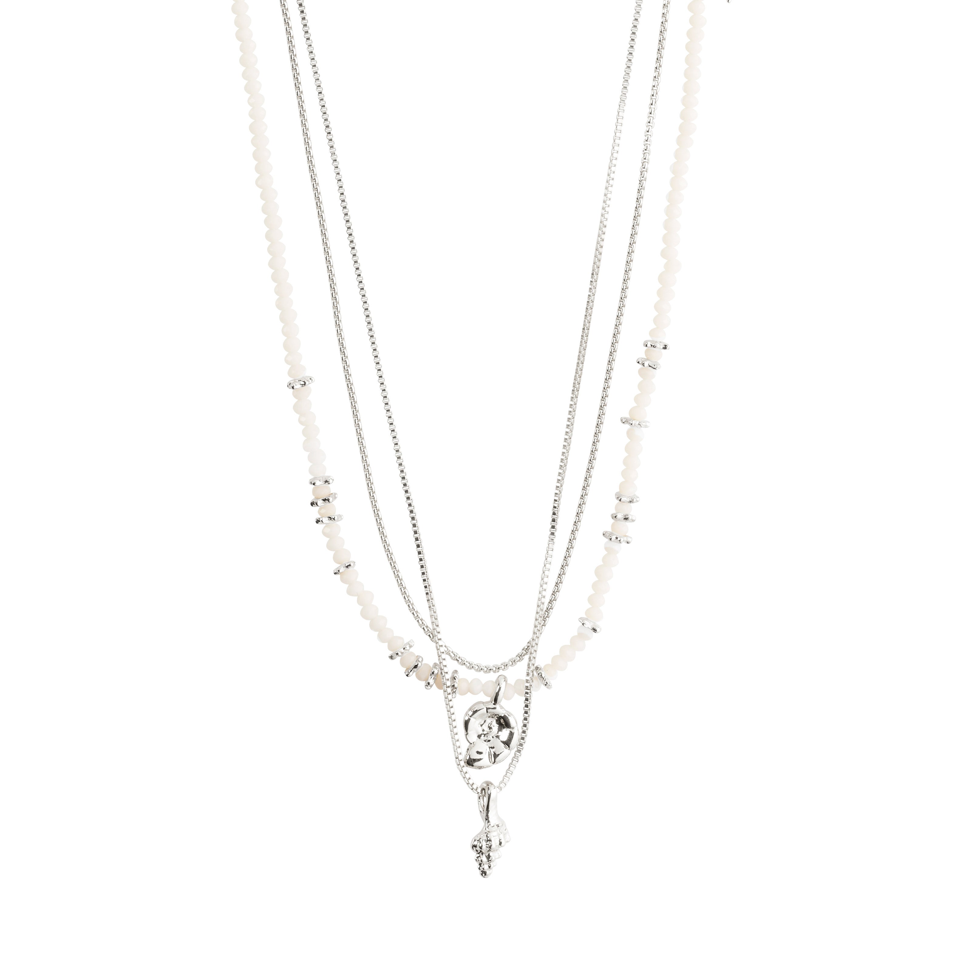 SEA necklace, 3-in-1 set: silver-plated chains with faceted beads, an ammonite pendant, a conch pendant, and adjustable lengths for versatile styling.