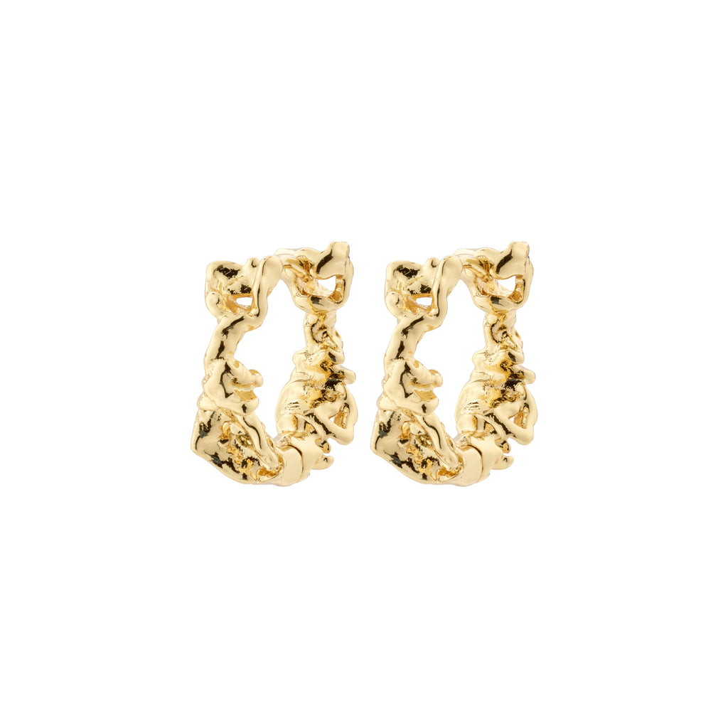 TRUST hoop earrings, gold-plated with rustic charm and handcrafted feel, featuring easy click clasp for versatile styling. Made from 99% recycled material.