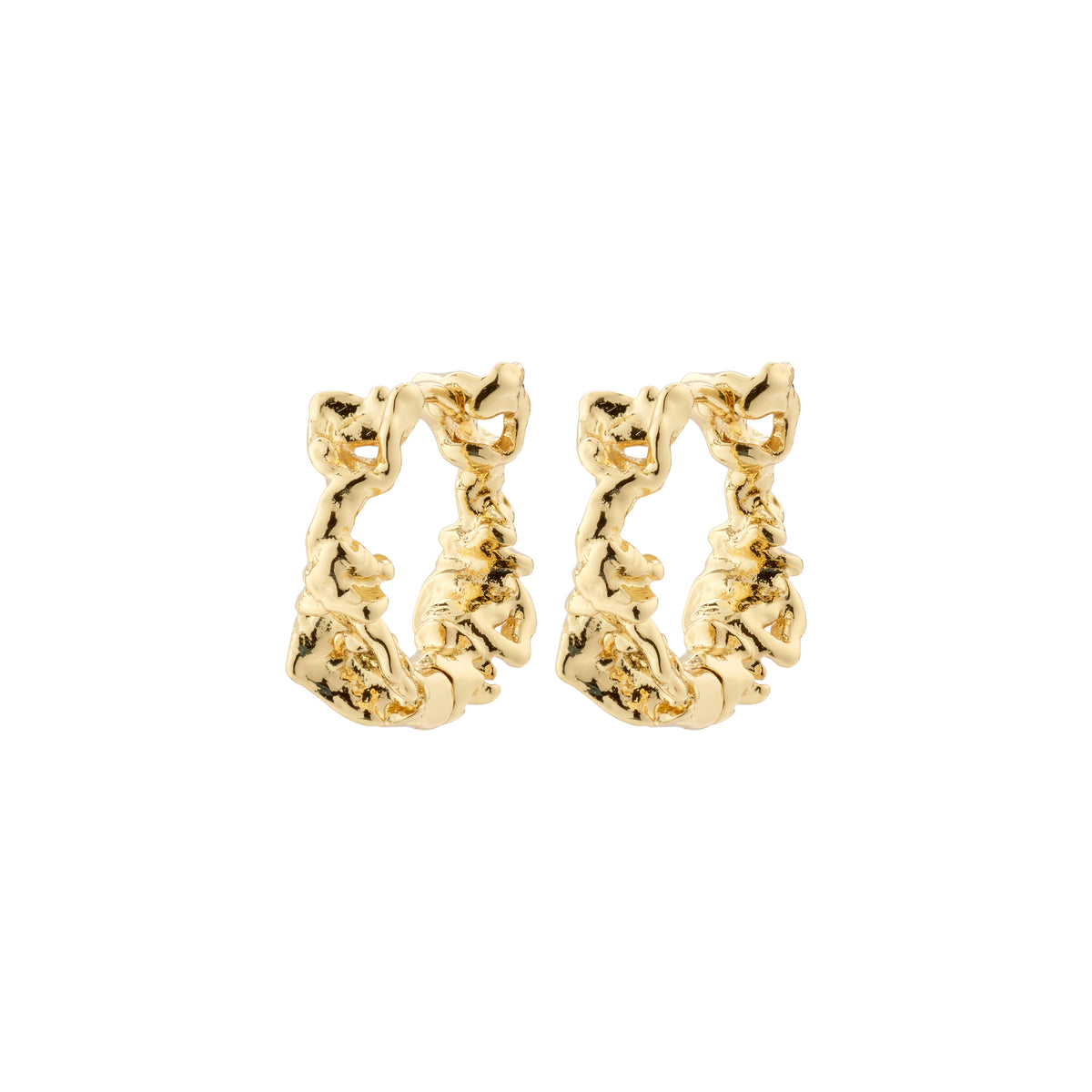 TRUST hoop earrings, gold-plated with rustic charm and handcrafted feel, featuring easy click clasp for versatile styling. Made from 99% recycled material.