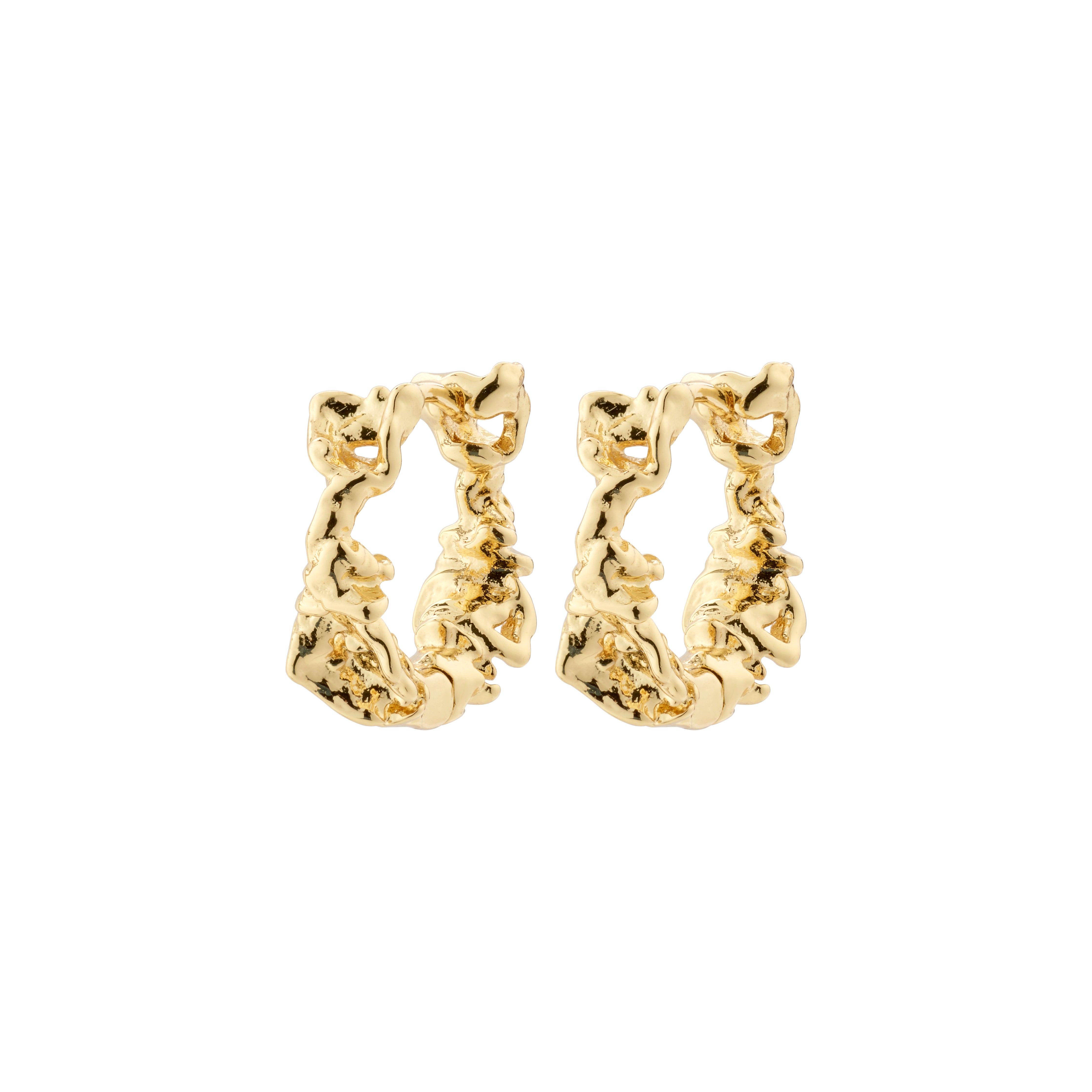 TRUST hoop earrings, gold-plated with rustic charm and handcrafted feel, featuring easy click clasp for versatile styling. Made from 99% recycled material.