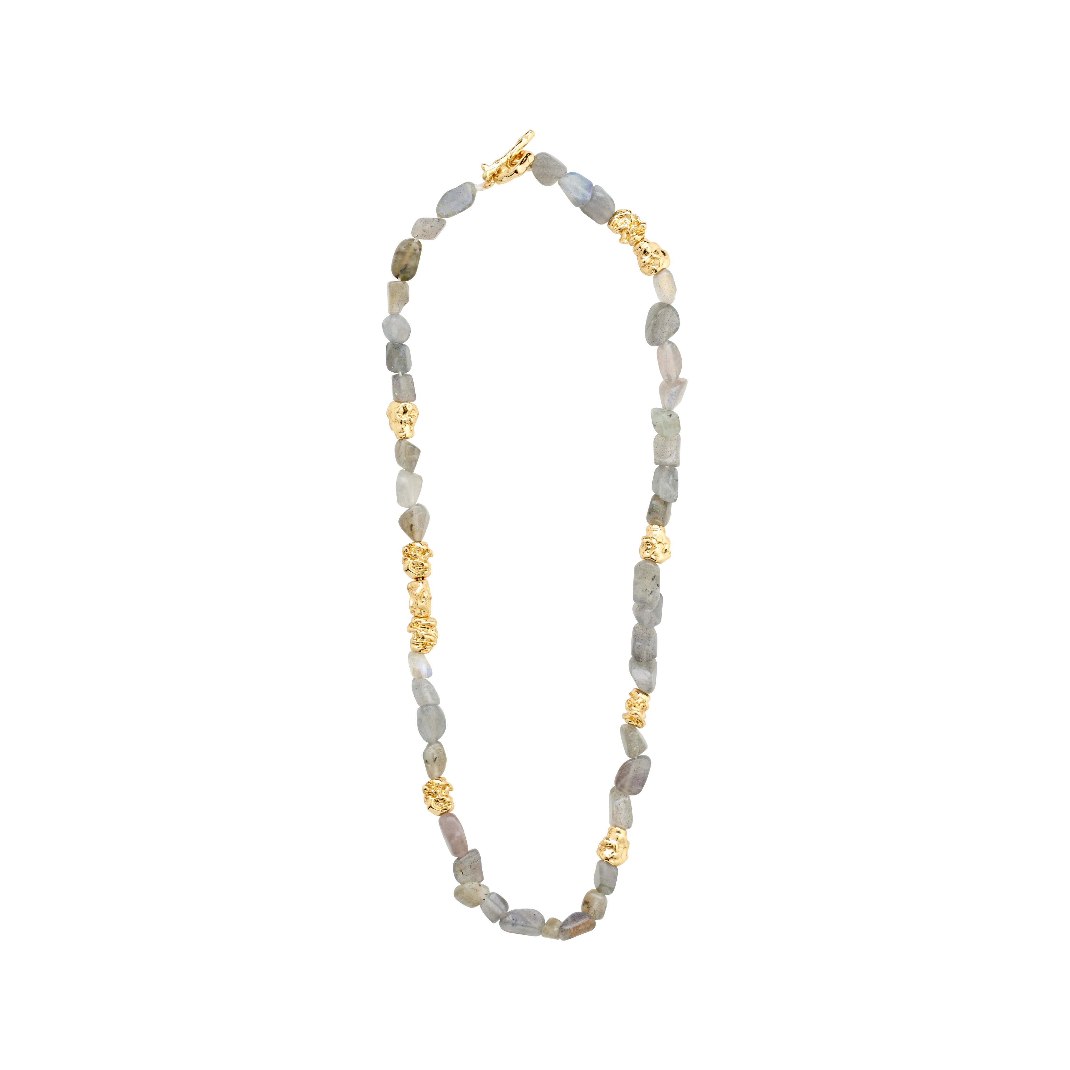 TRUST necklace gold-plated featuring grey Labradorite stones and gold accents with an elegant T-bar clasp, offering a chic, boho-inspired design.