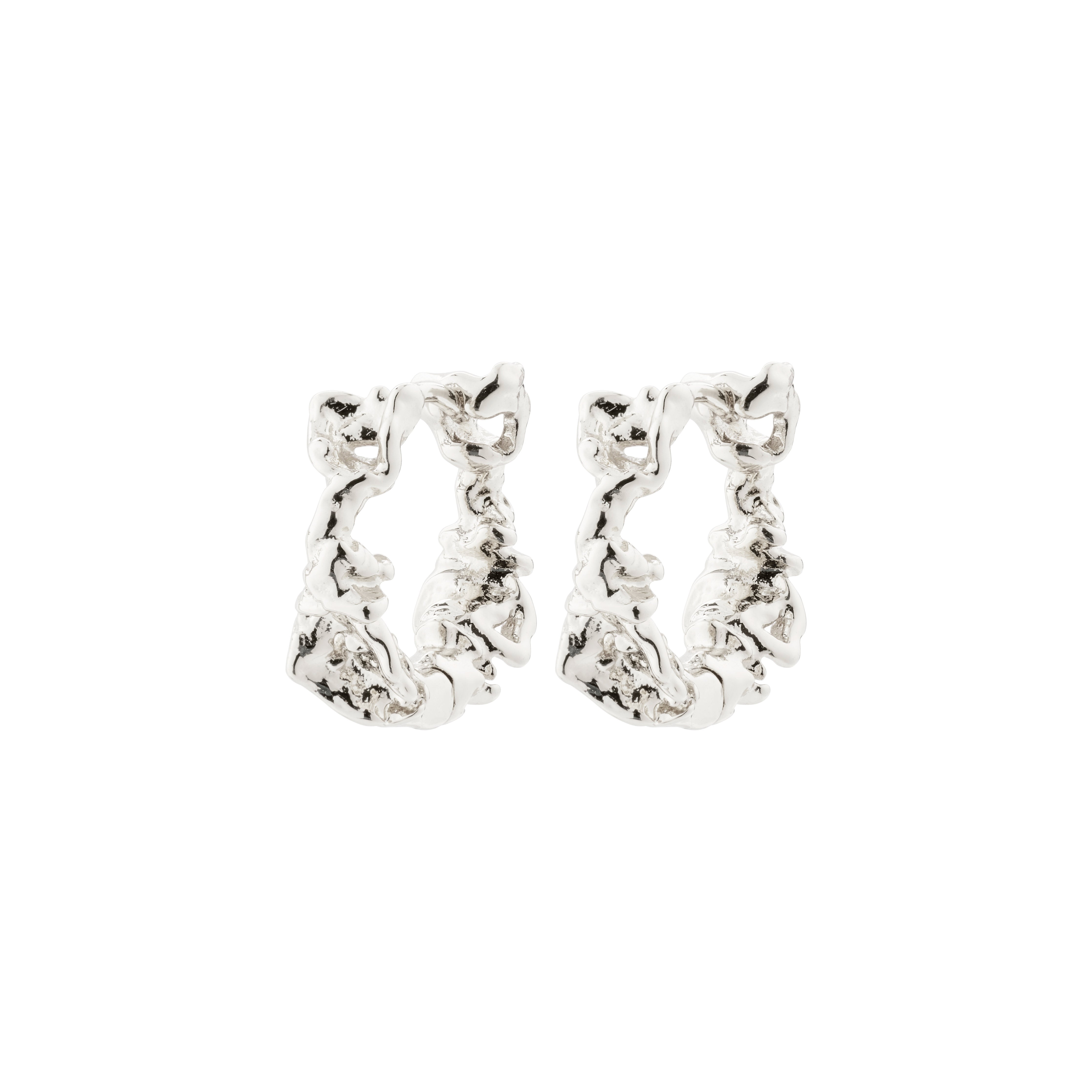 TRUST hoop earrings, silver-plated, with a simple, rustic design. Featuring an easy-to-use click clasp, perfect for complementing chunky knits and soft fabrics.