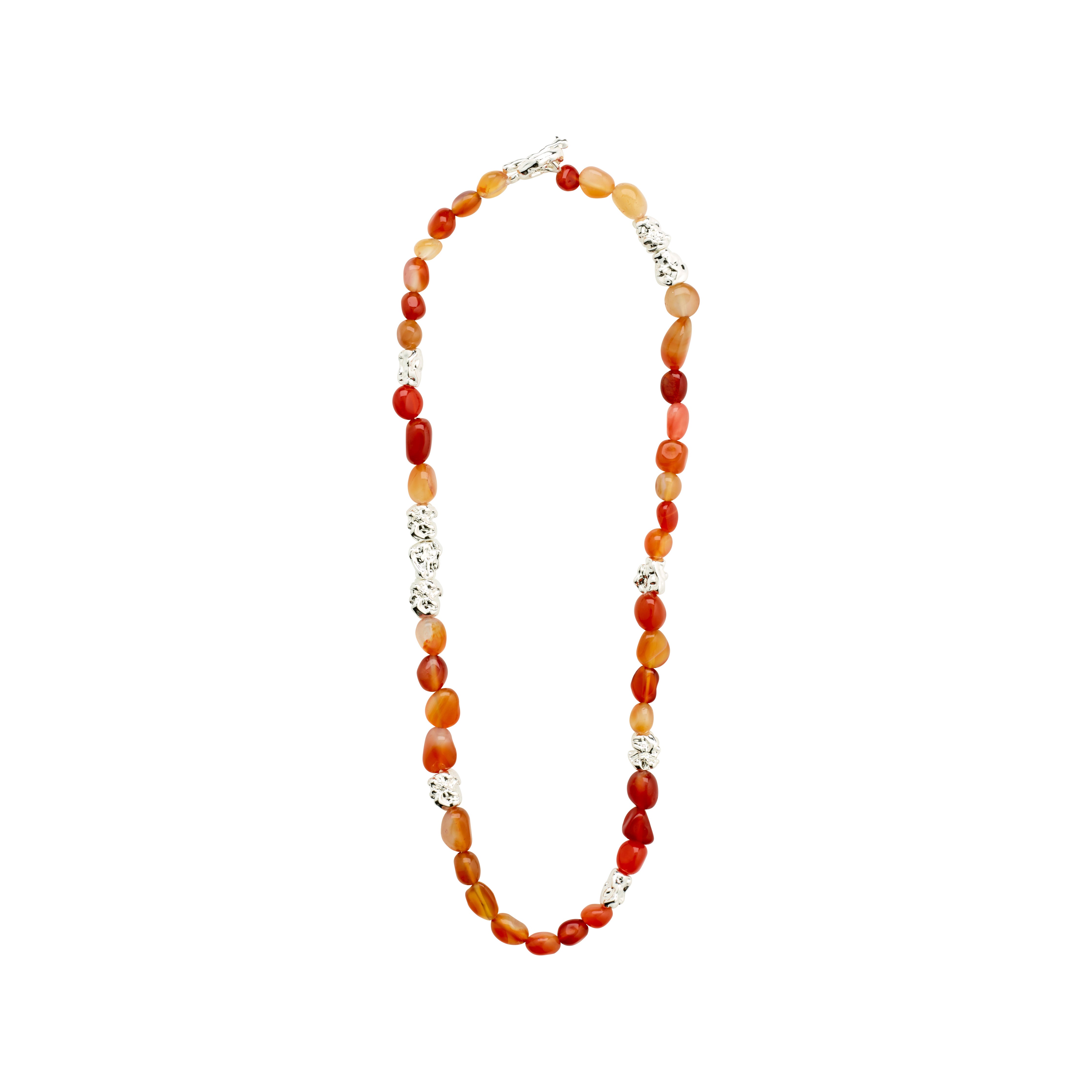 TRUST necklace silver-plated with orange and white beads, featuring red Agate and silver-plated organic details, designed for a boho look with a T-bar clasp.