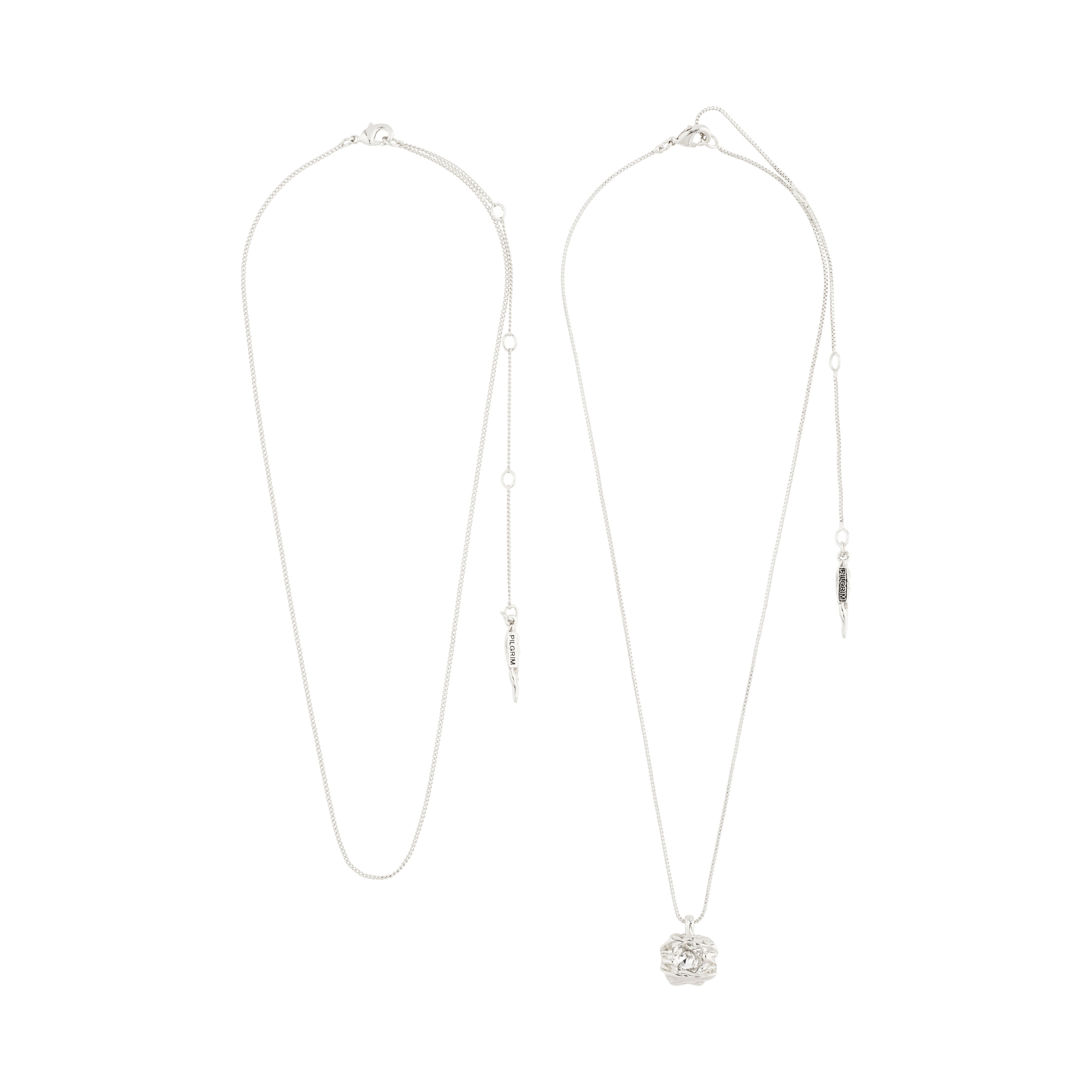 FEEL necklace 2-in-1 set silver-plated by Pilgrim, featuring a box chain with a Preciosa crystal pendant and a slim curb chain.