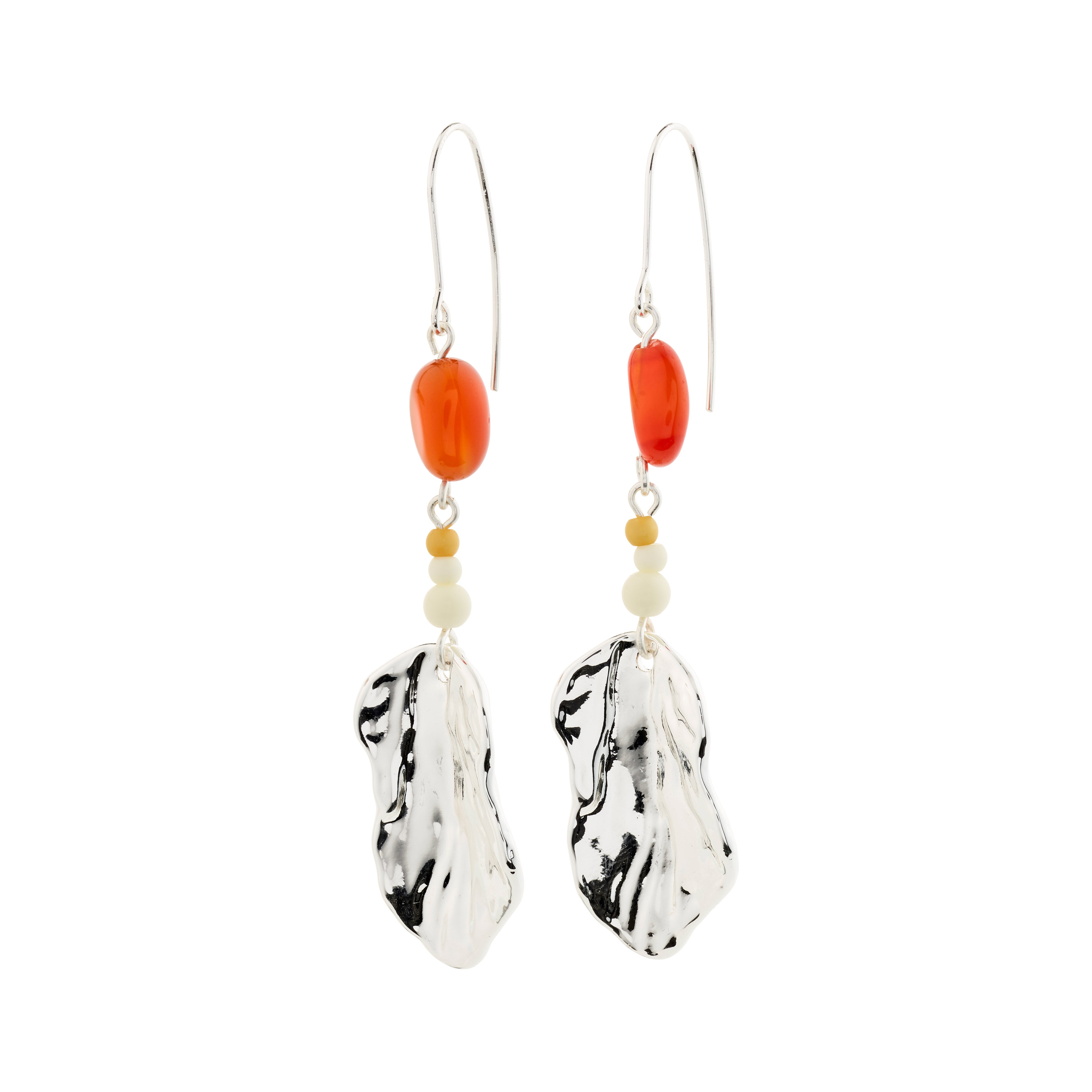 ECLIPSE earrings silver-plated with orange and white beads, featuring organic pendants inspired by nature, and a red Agate stone for a bohemian touch.