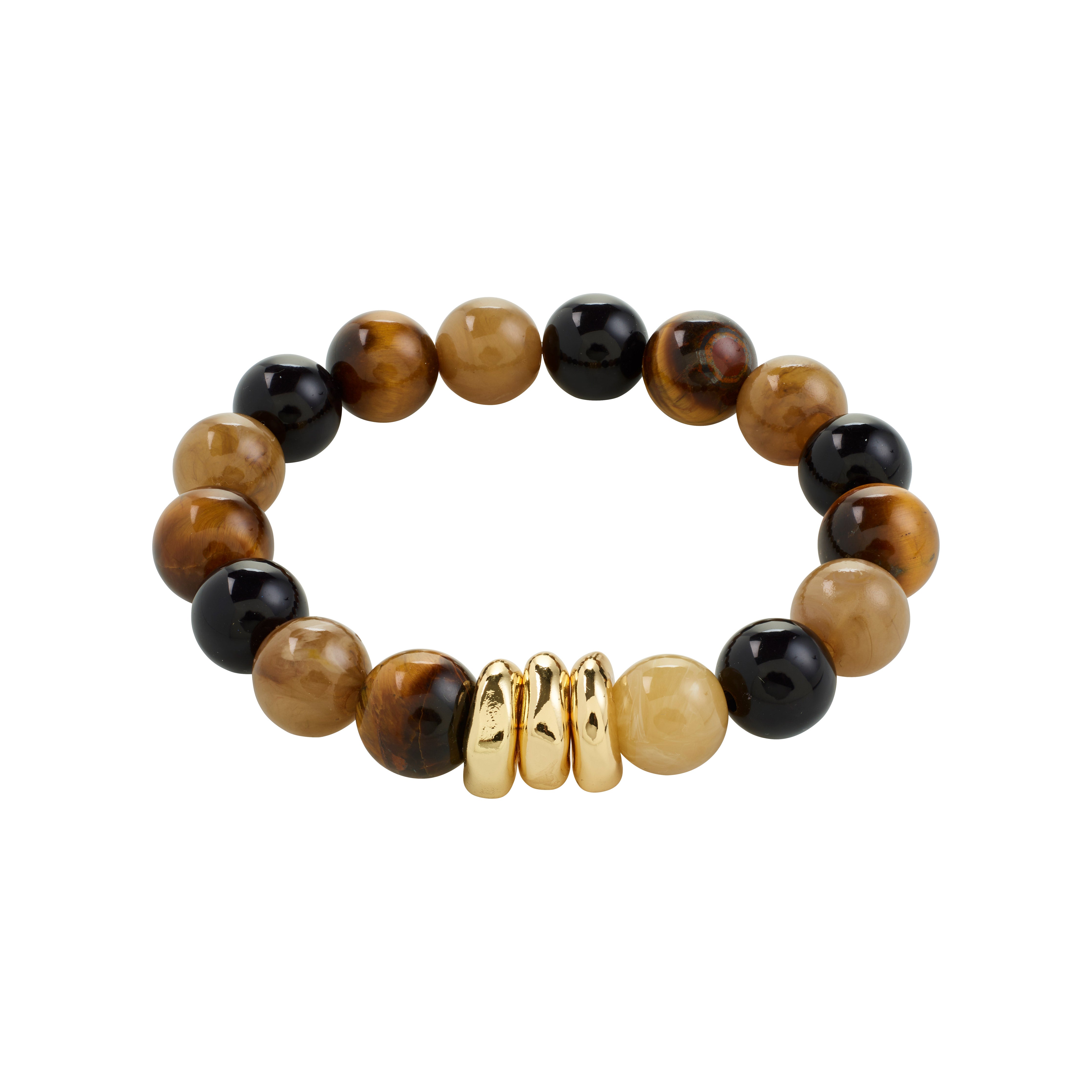 UNFOLD bracelet gold-plated/brown with tiger's-eye and black beads, accented by gold-tone spacers, strung on elastic for easy wear. Perfect for casual and stylish looks.