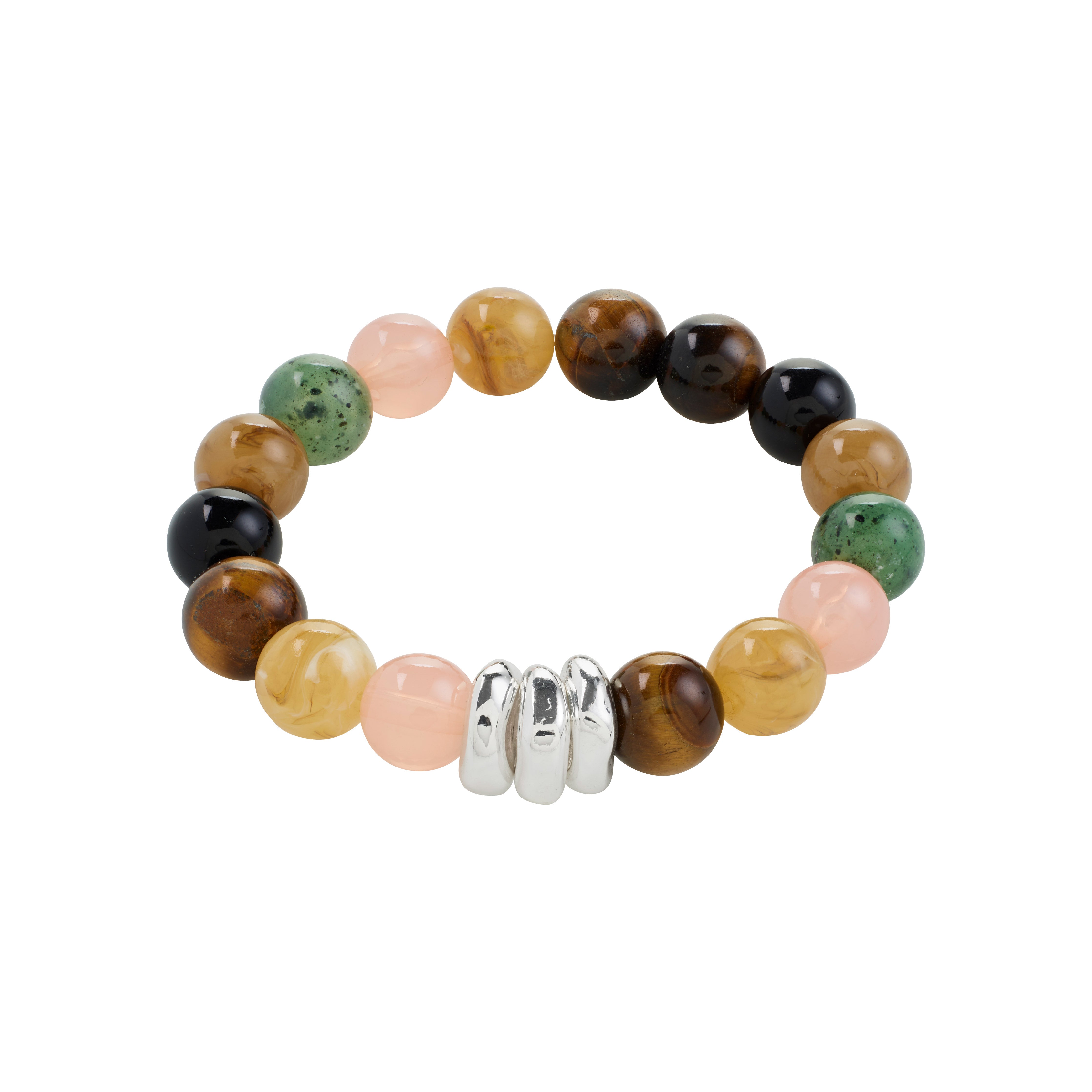 UNFOLD bracelet by Pilgrim features multi-colored beads and silver-plated spacers on elastic, perfect for adding trendy, earthy elegance to any outfit.