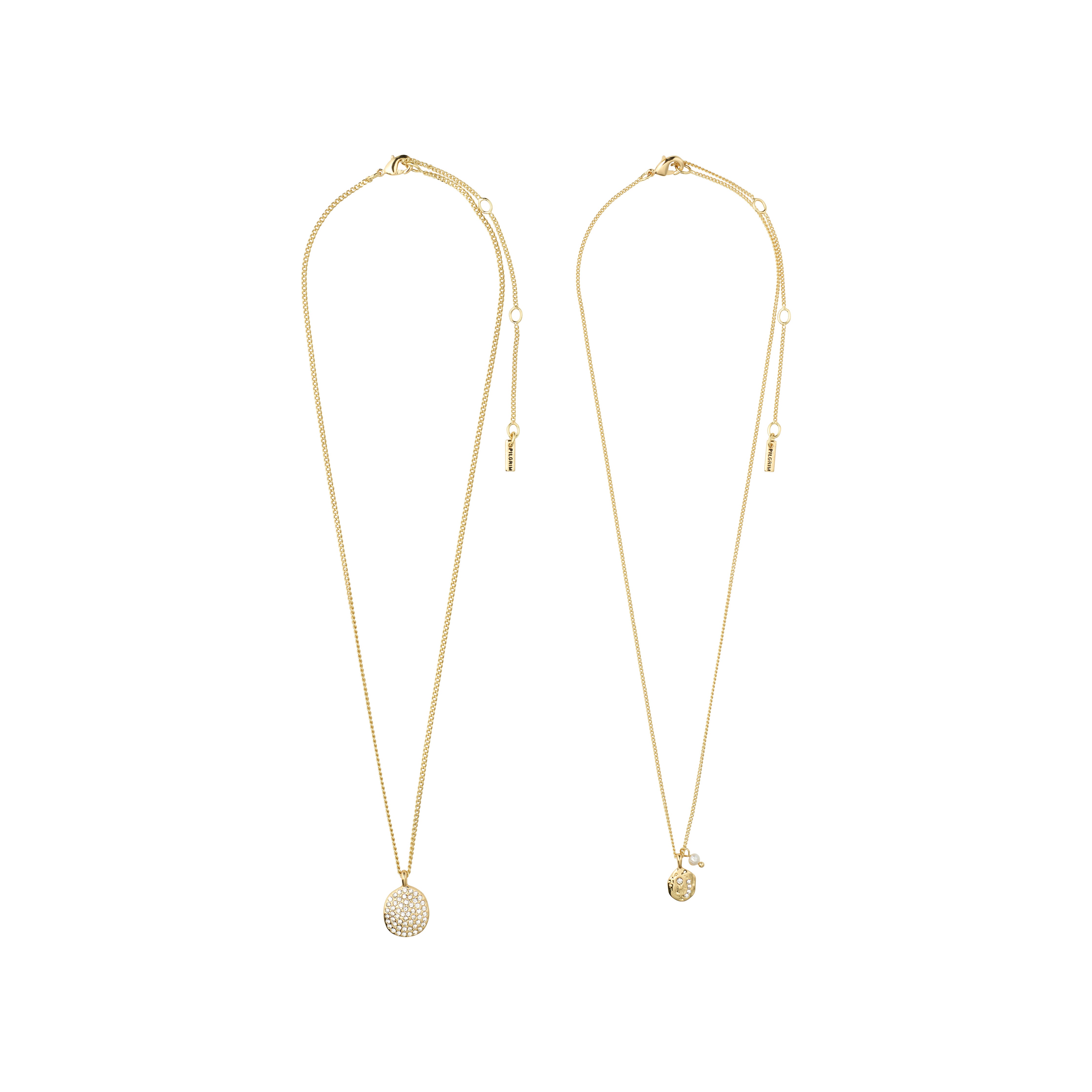 SHIFT necklace 2-in-1 set, gold-plated, features delicate chains with crystal-studded and pearl-adorned pendants, perfect for layering. Ideal for a stylish, boho-inspired look.
