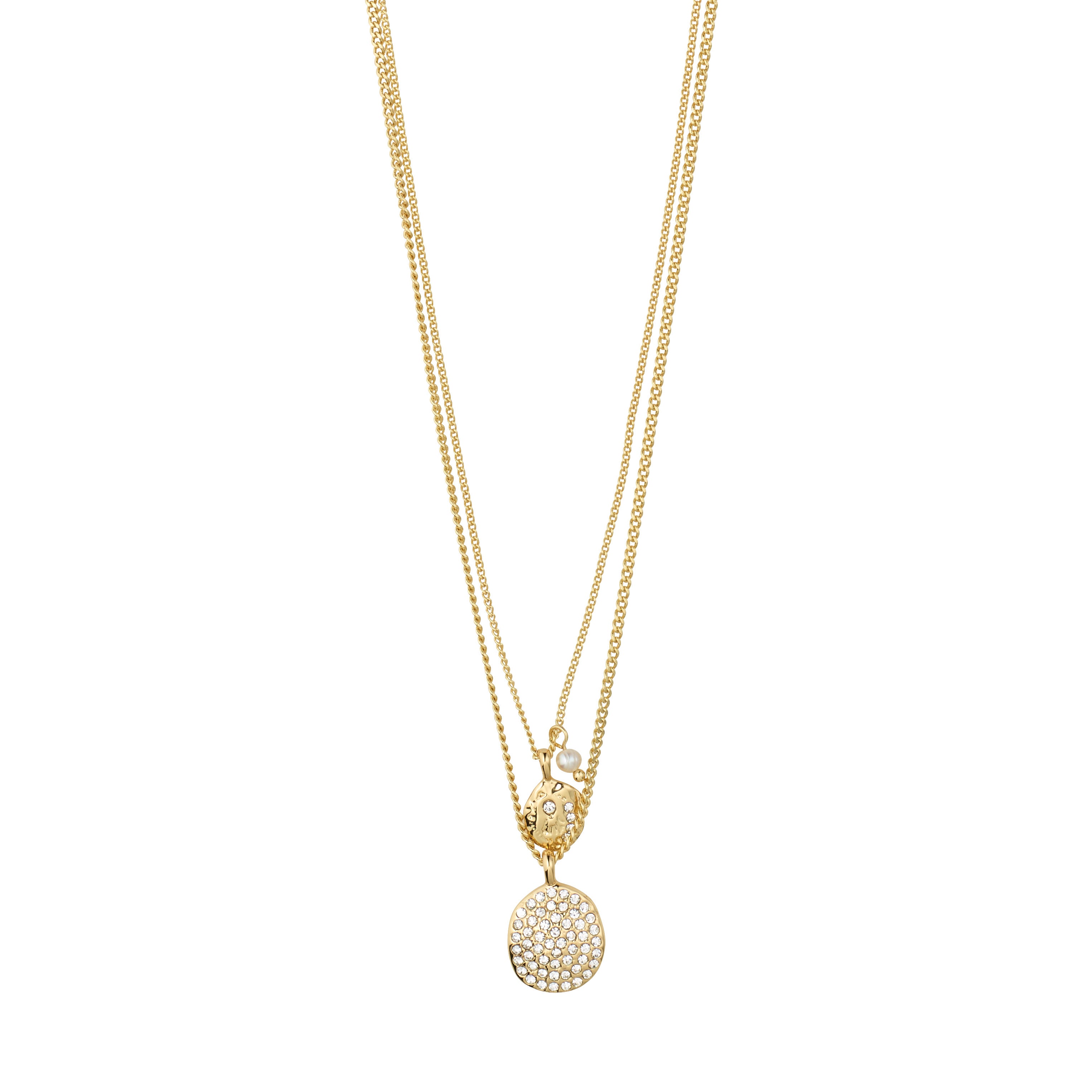 SHIFT necklace 2-in-1 set, gold-plated, features a textured coin charm with a pearl and pavé-crystal pendant, perfect for a layered, bohemian look.