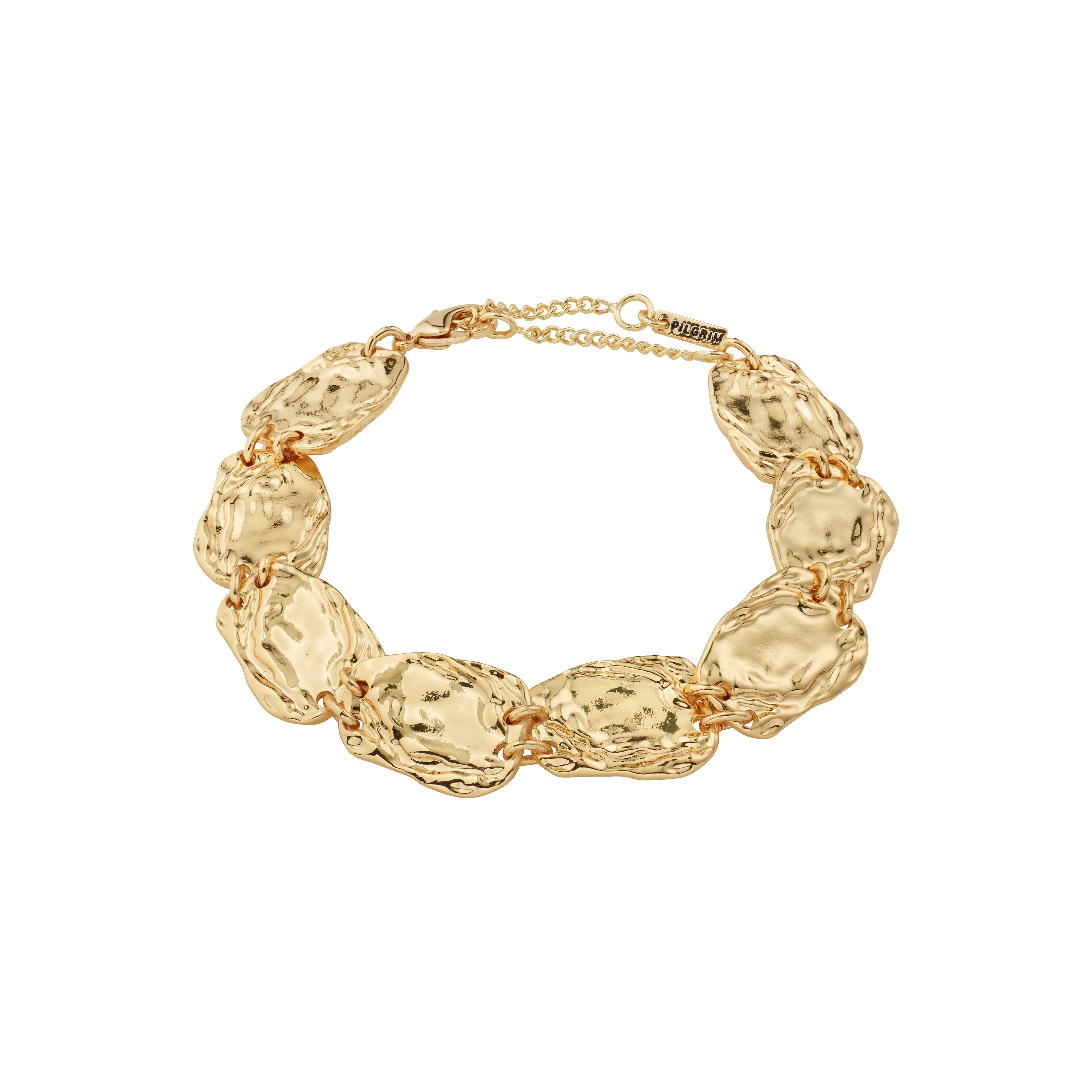 Gold-plated SHIFT bracelet by Pilgrim featuring eight hammered oval discs, adjustable lobster clasp, and extension chain with brand tag, offering a boho yet elegant style.