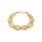 Gold-plated SHIFT bracelet by Pilgrim featuring eight hammered oval discs, adjustable lobster clasp, and extension chain with brand tag, offering a boho yet elegant style.